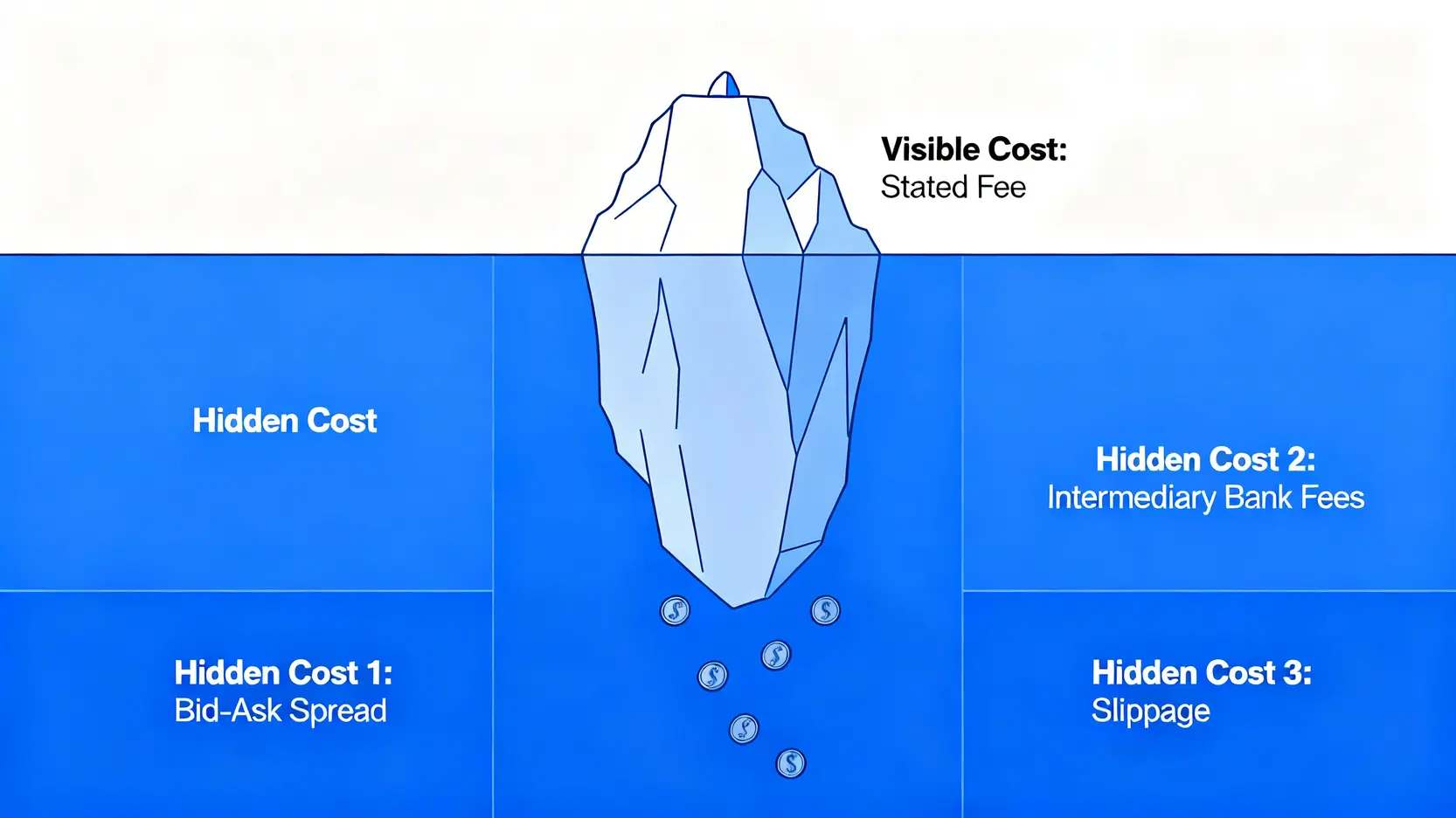 換匯成本冰山圖,顯示可見的手續費只是冰山一角,而隱藏在水面下的買賣價差、中轉行費和滑點才是真正的巨大成本。