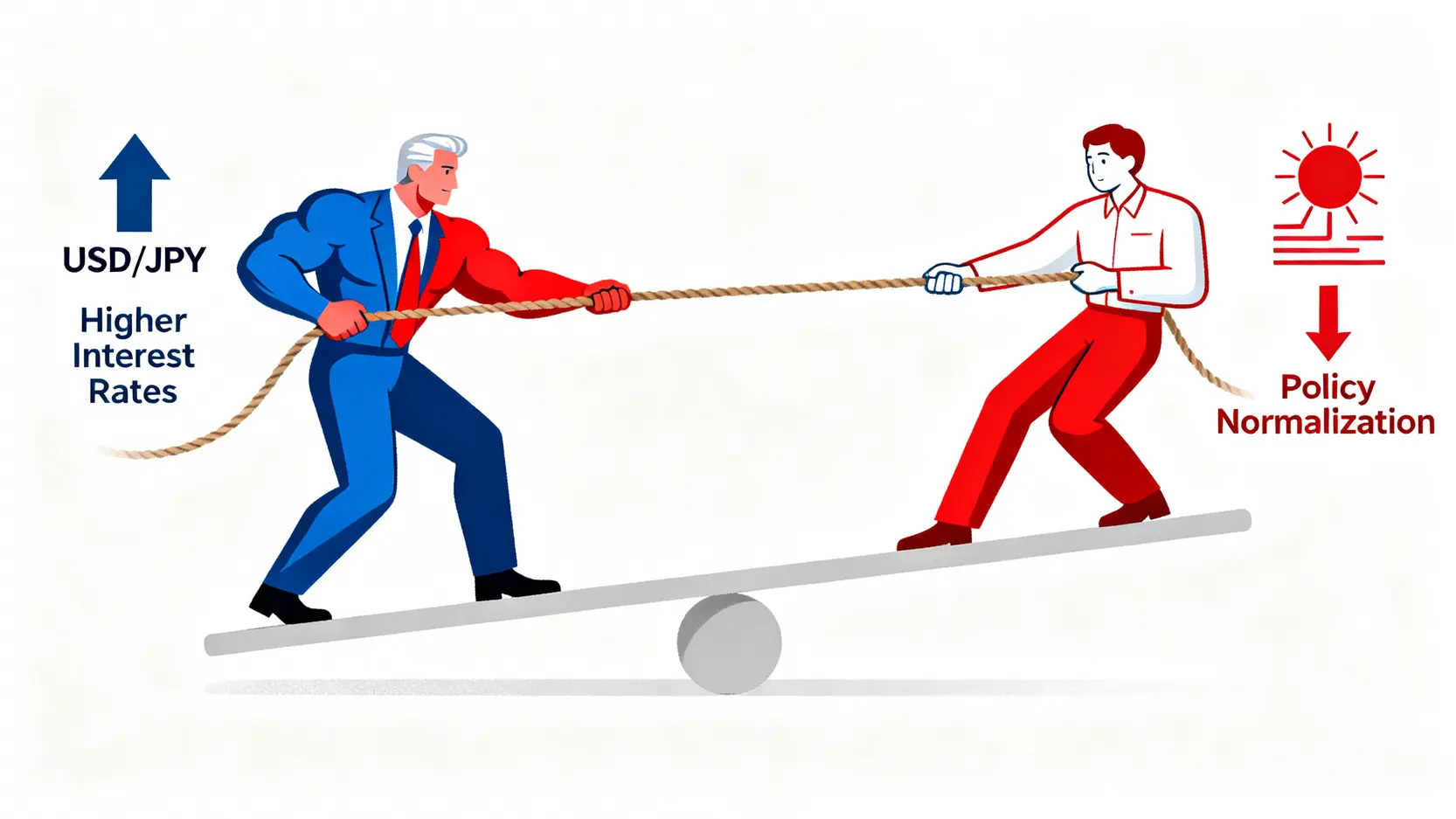 美元與日圓之間的拉鋸戰示意圖,一邊是美國聯準會的升息預期,另一邊是日本央行的政策正常化預期。