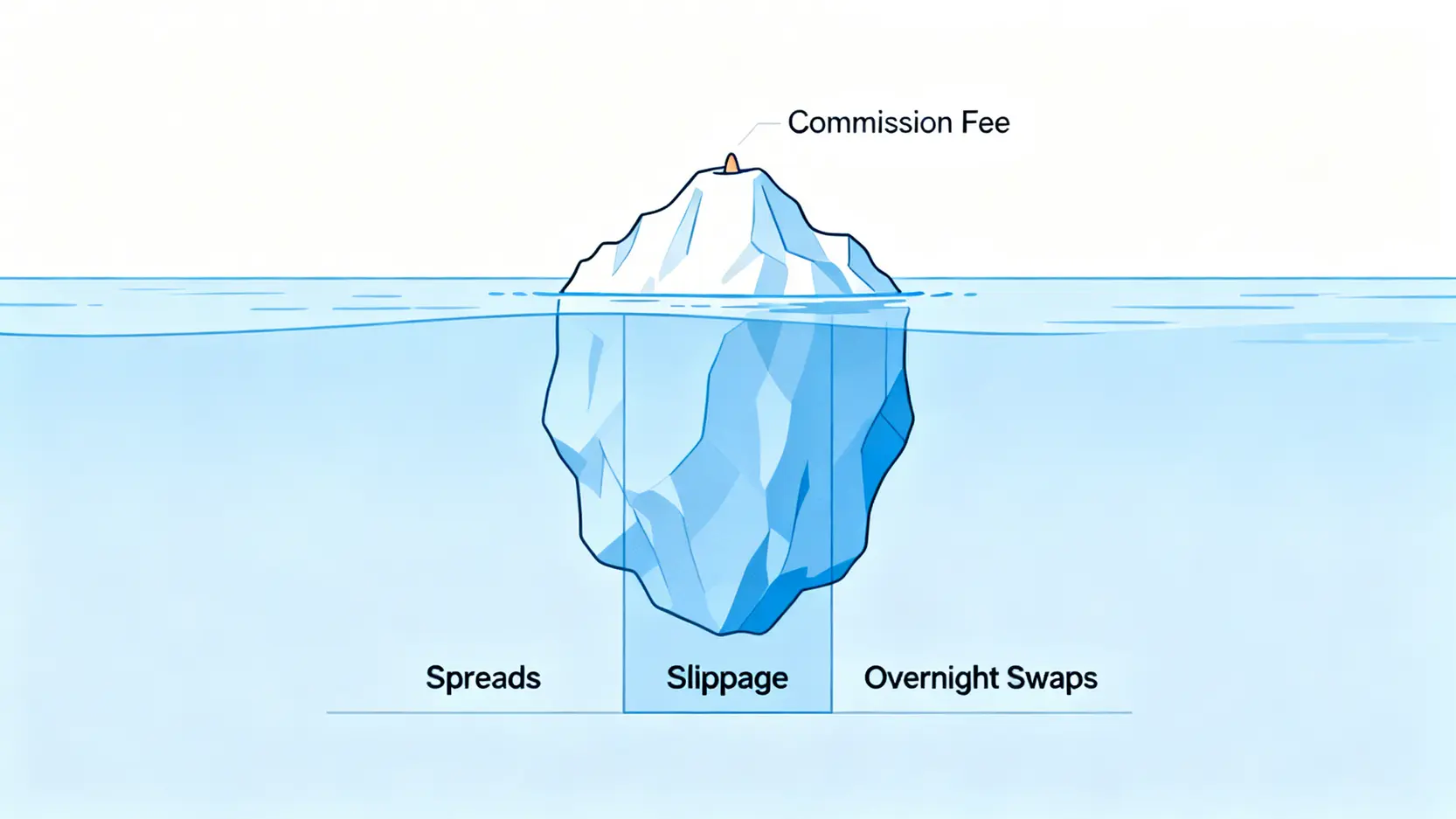 交易成本冰山圖,顯示可見的手續費只是總成本的一小部分,而隱藏在水下的點差、滑價與隔夜利息才是成本大宗。