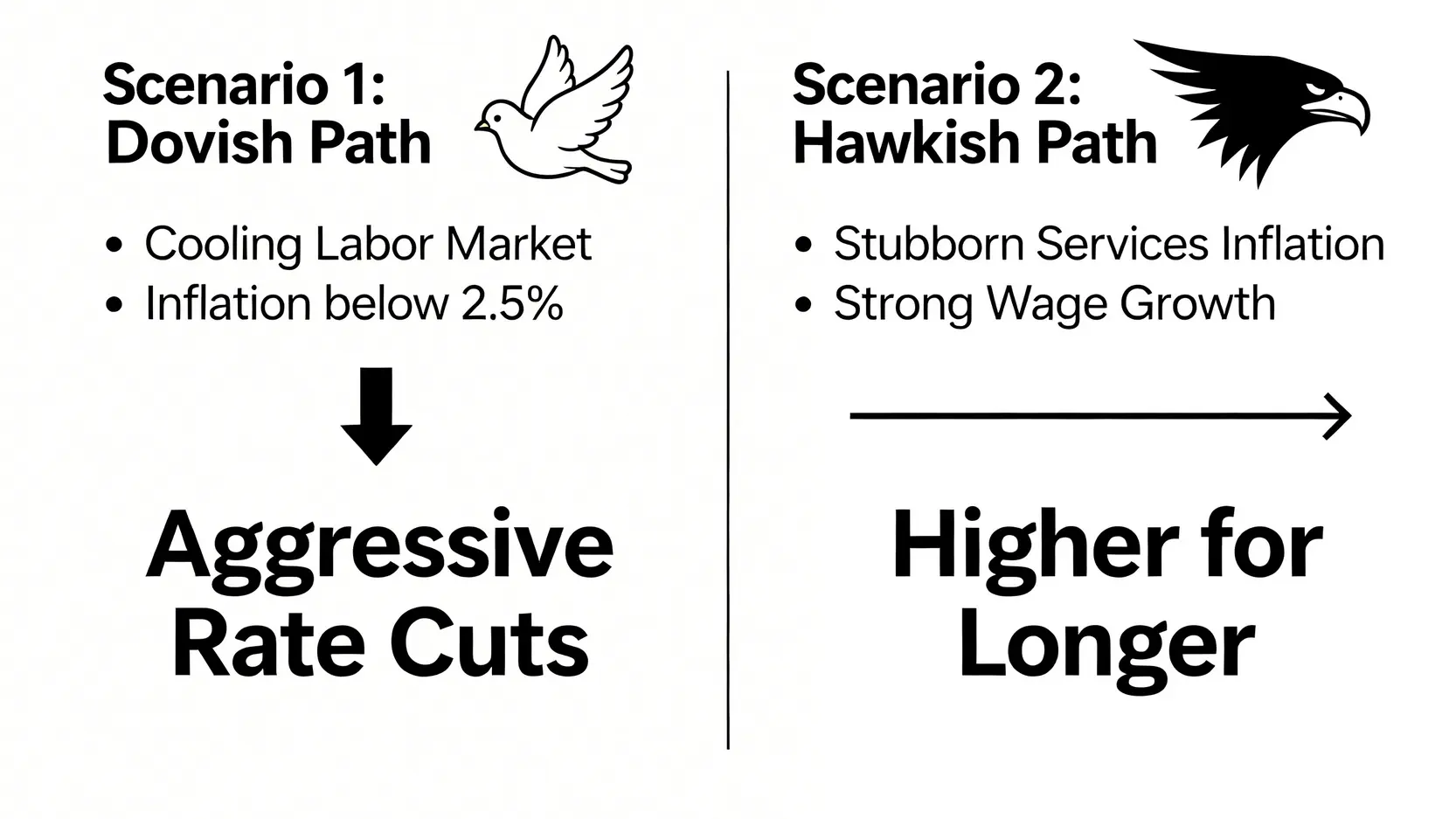 美國聯準會2026年兩種可能的政策路徑對比圖,鴿派情境將導致大幅降息,鷹派情境將使利率維持高檔。