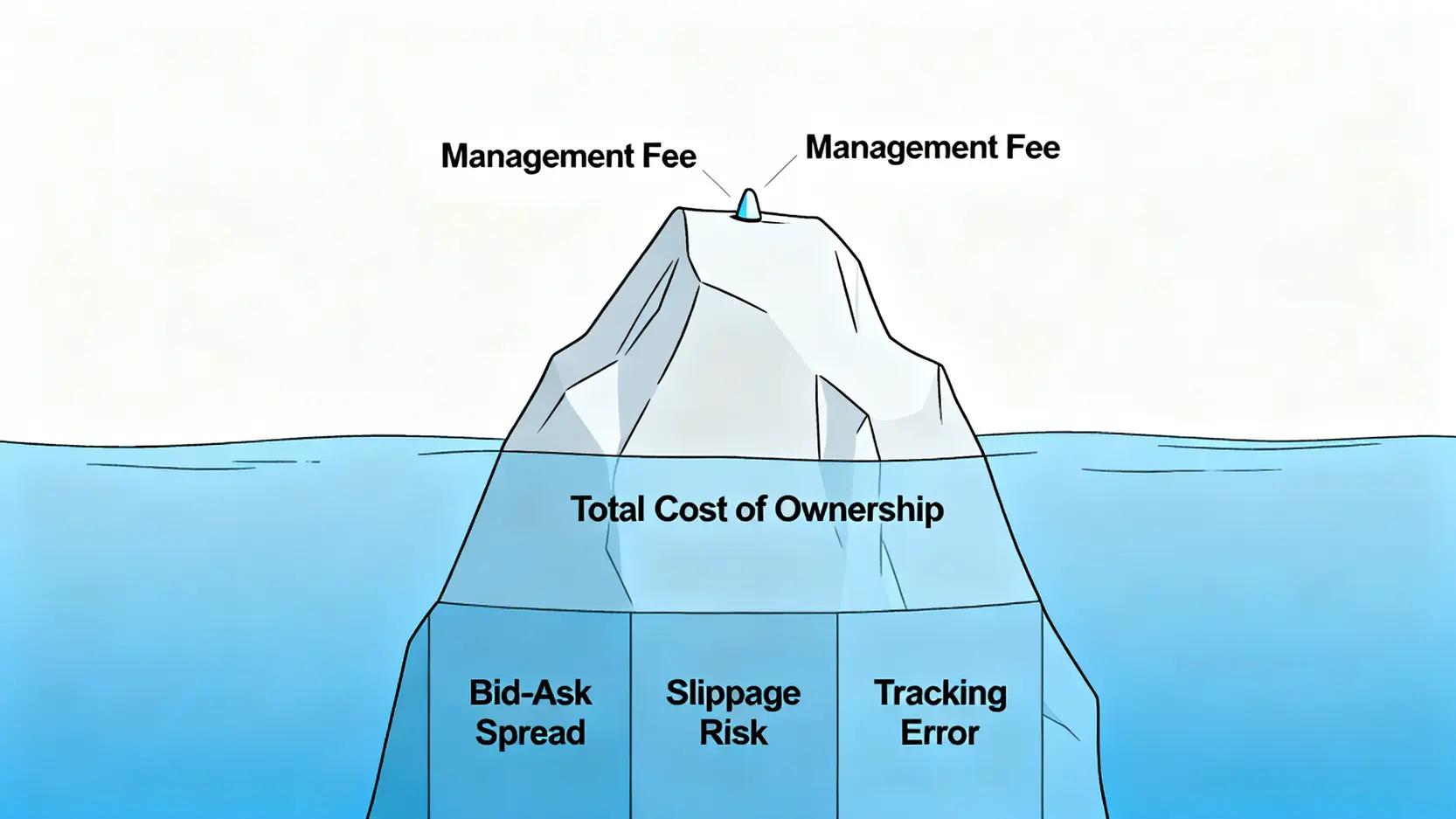 總持有成本(TCO)冰山模型圖,展示了可見的管理費僅是總成本的一小部分,而水面下的交易價差、滑價風險和追蹤誤差等隱形成本佔據了更大部分。