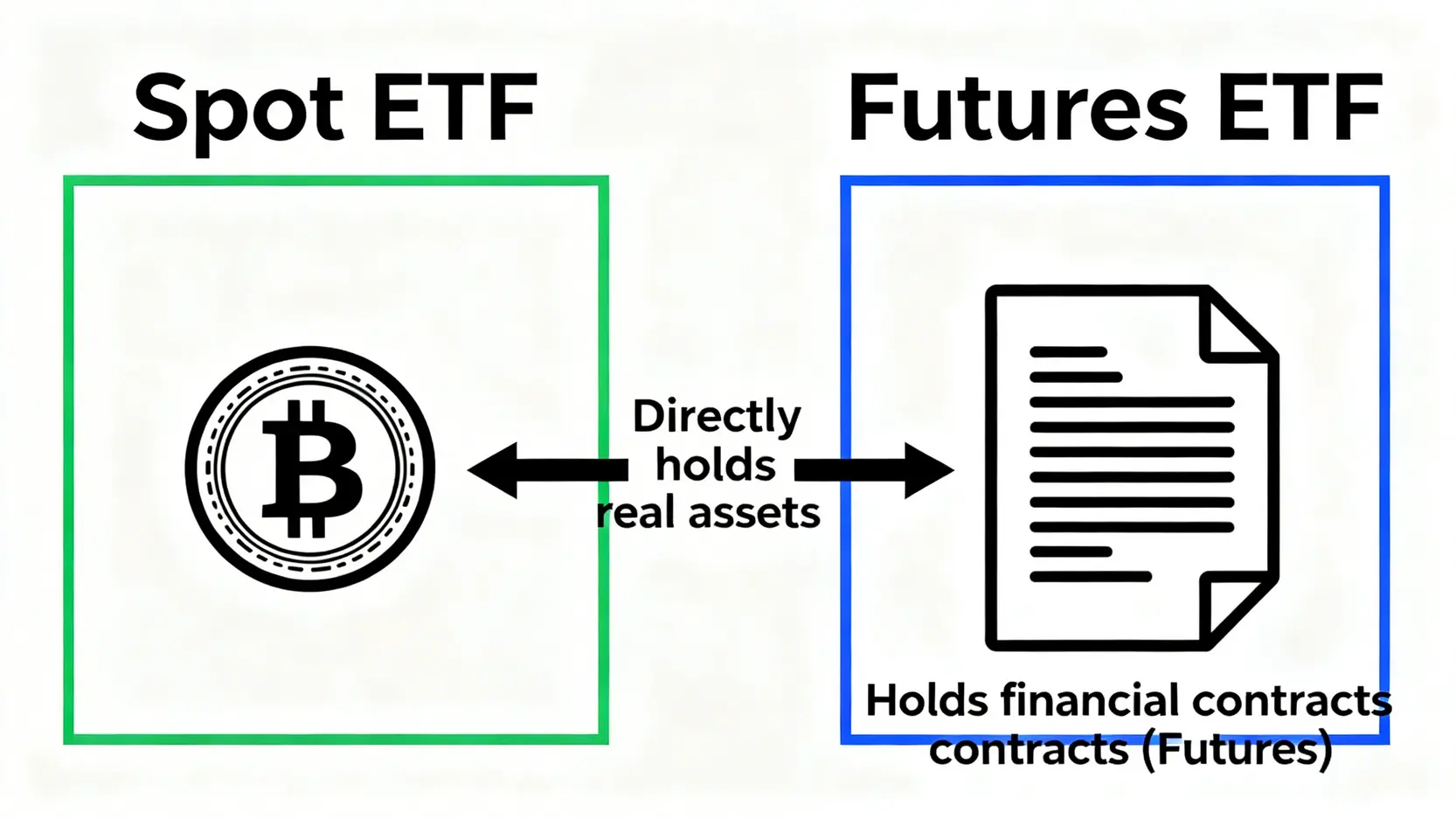 比特幣現貨ETF與期貨ETF的區別圖。現貨ETF直接持有真實的比特幣,而期貨ETF持有的是比特幣期貨合約。
