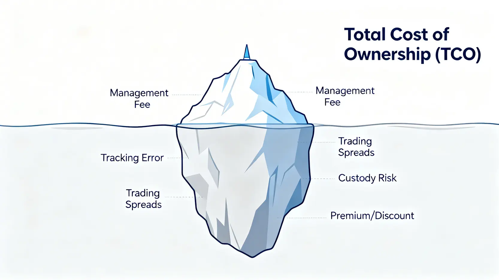 總持有成本TCO概念圖,以冰山比喻說明管理費只是可見的小部分成本,而追蹤誤差、交易價差等隱性成本佔據了水下更大部分。