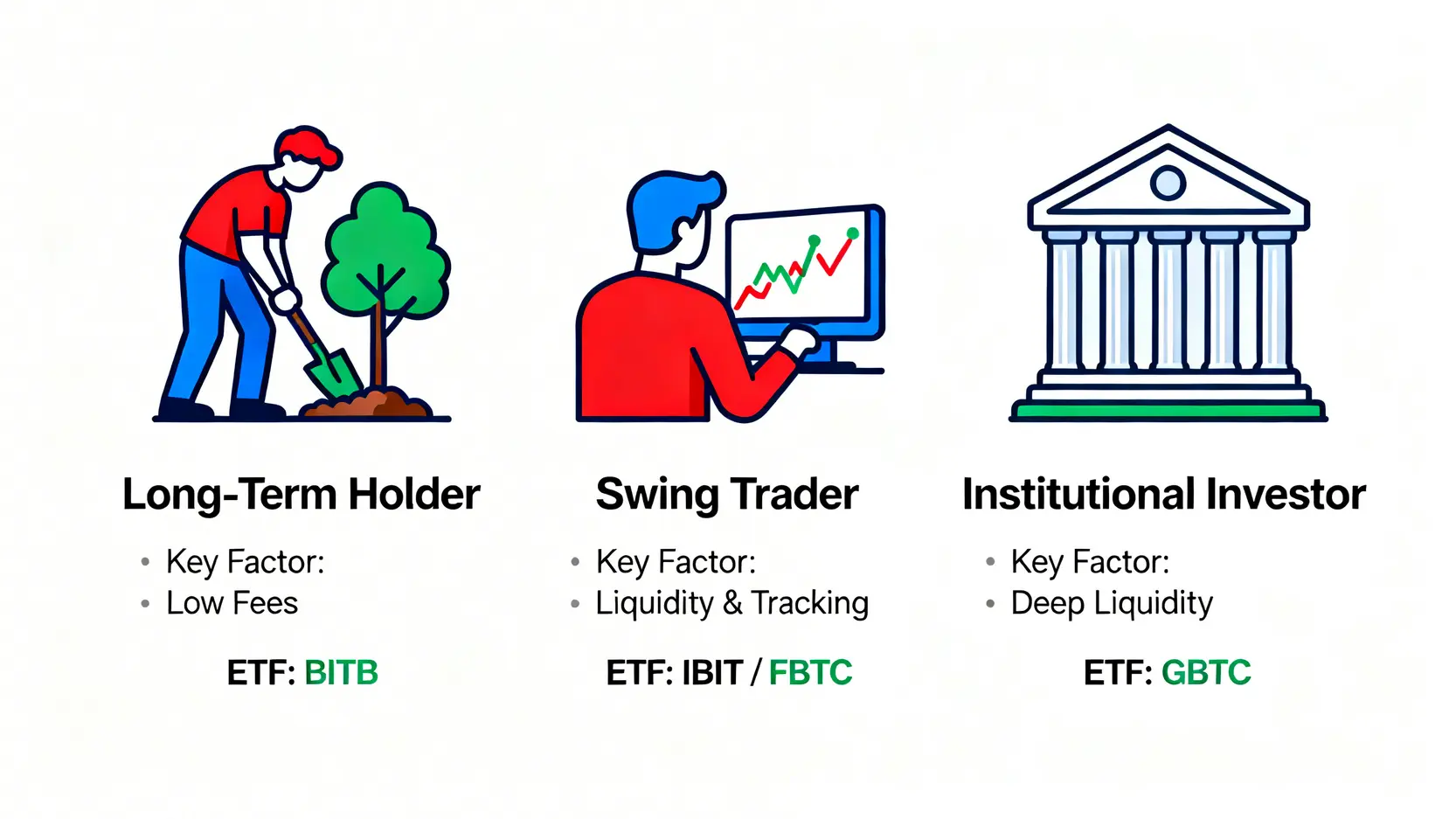 三種投資者類型對應的比特幣ETF選擇指南,包括長期持有者、波段交易者和機構投資者的推薦選項與決策依據。