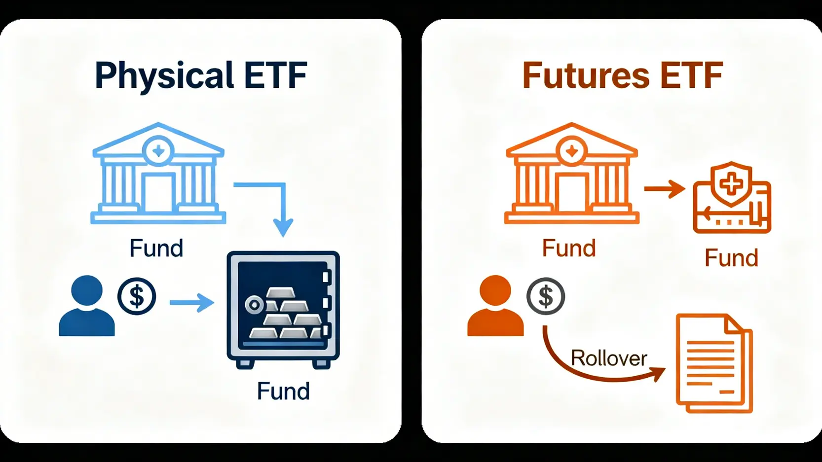 實體白銀ETF與期貨白銀ETF運作機制對比圖