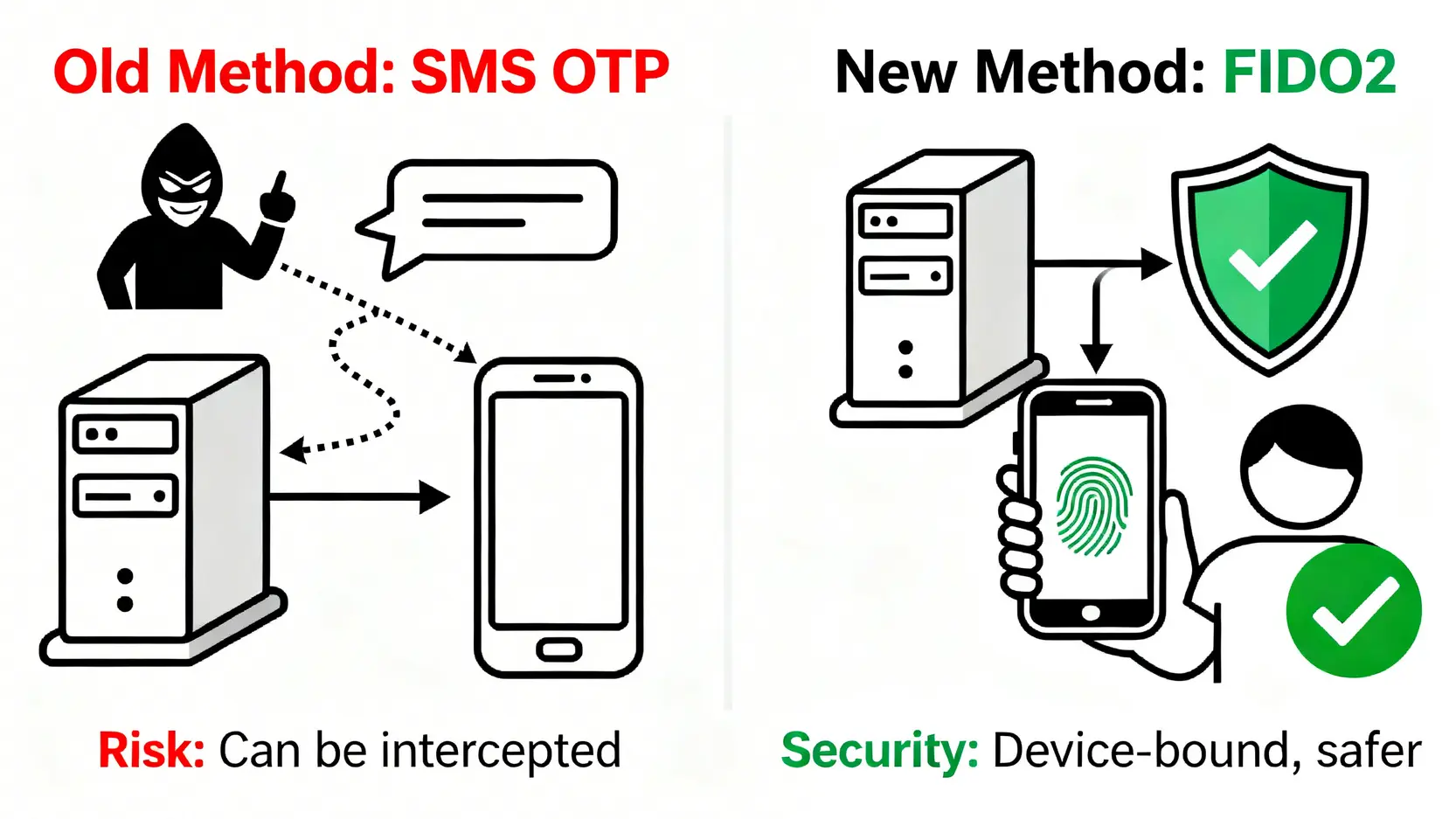 一張比較圖,說明了傳統簡訊OTP驗證與現代FIDO2生物辨識驗證的安全性差異。