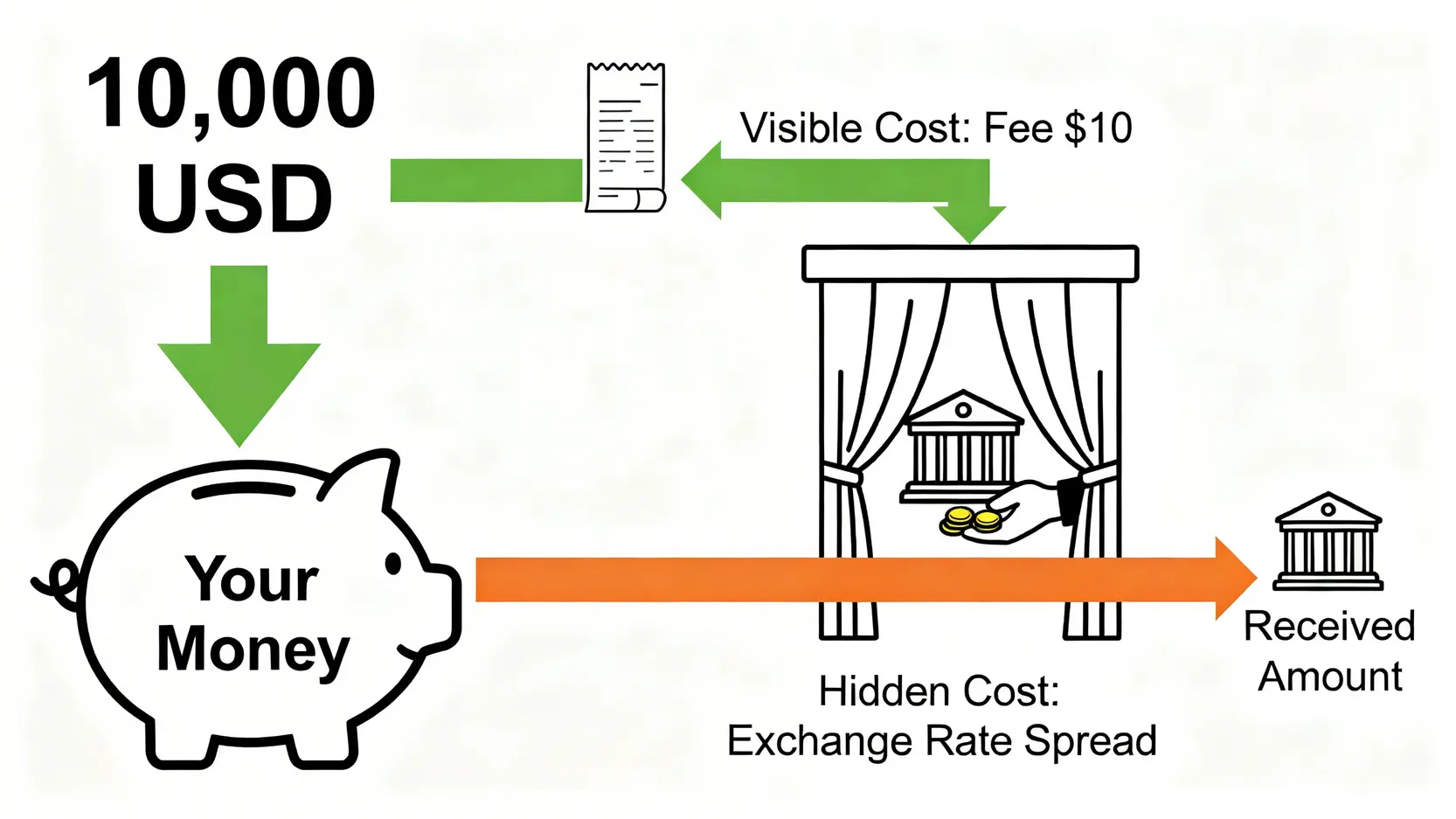 一張概念示意圖,解釋了外幣匯款中除了手續費之外,還存在匯率價差這一隱藏成本。