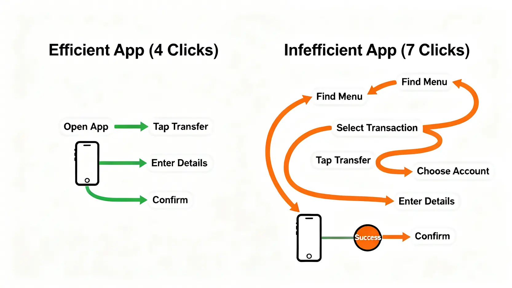 一張流程圖,對比了高效銀行App(4次點擊)與低效銀行App(7次點擊)完成轉帳的操作路徑。
