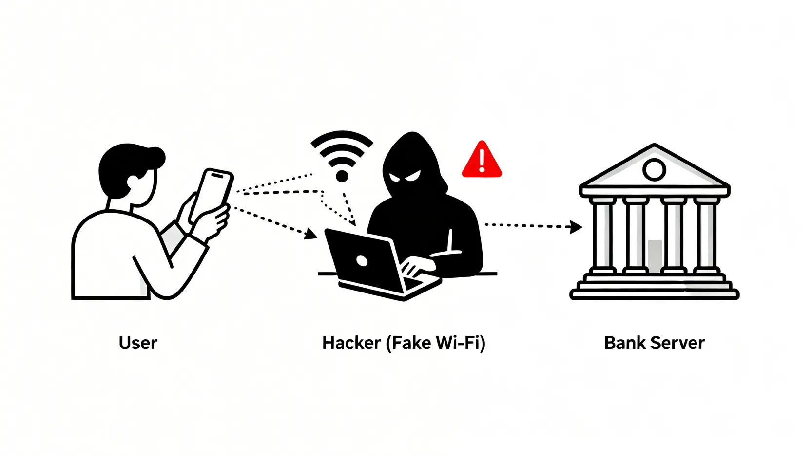 中間人攻擊示意圖,顯示駭客如何透過偽冒的公共Wi-Fi攔截用戶與銀行之間的數據。