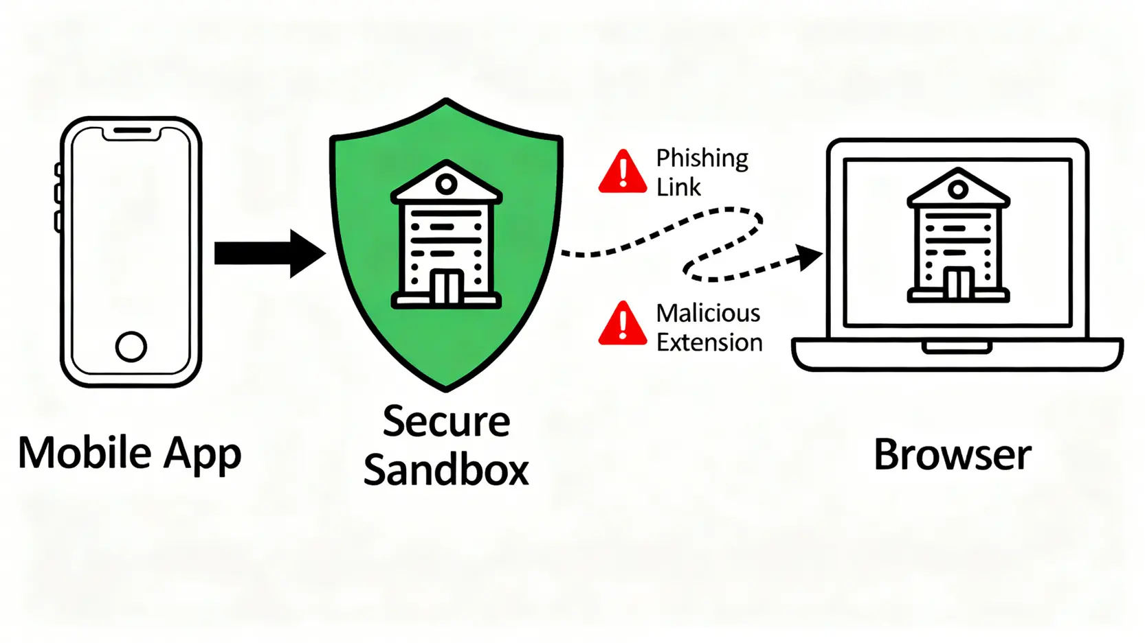 手機App與瀏覽器登入網銀的安全性對比圖,顯示App的直接連線更安全,而瀏覽器易受釣魚連結攻擊。