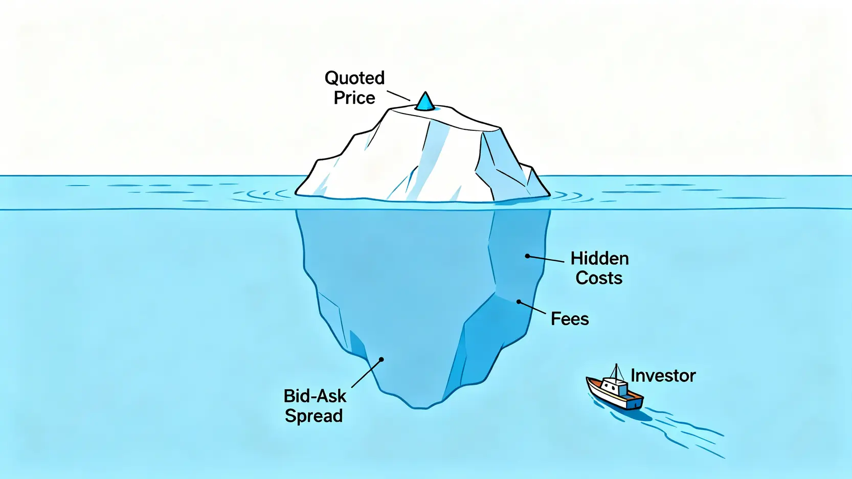投資總持有成本的冰山比喻圖,顯示牌價是可見的小部分,而買賣價差等隱藏成本是水面下更巨大的部分。