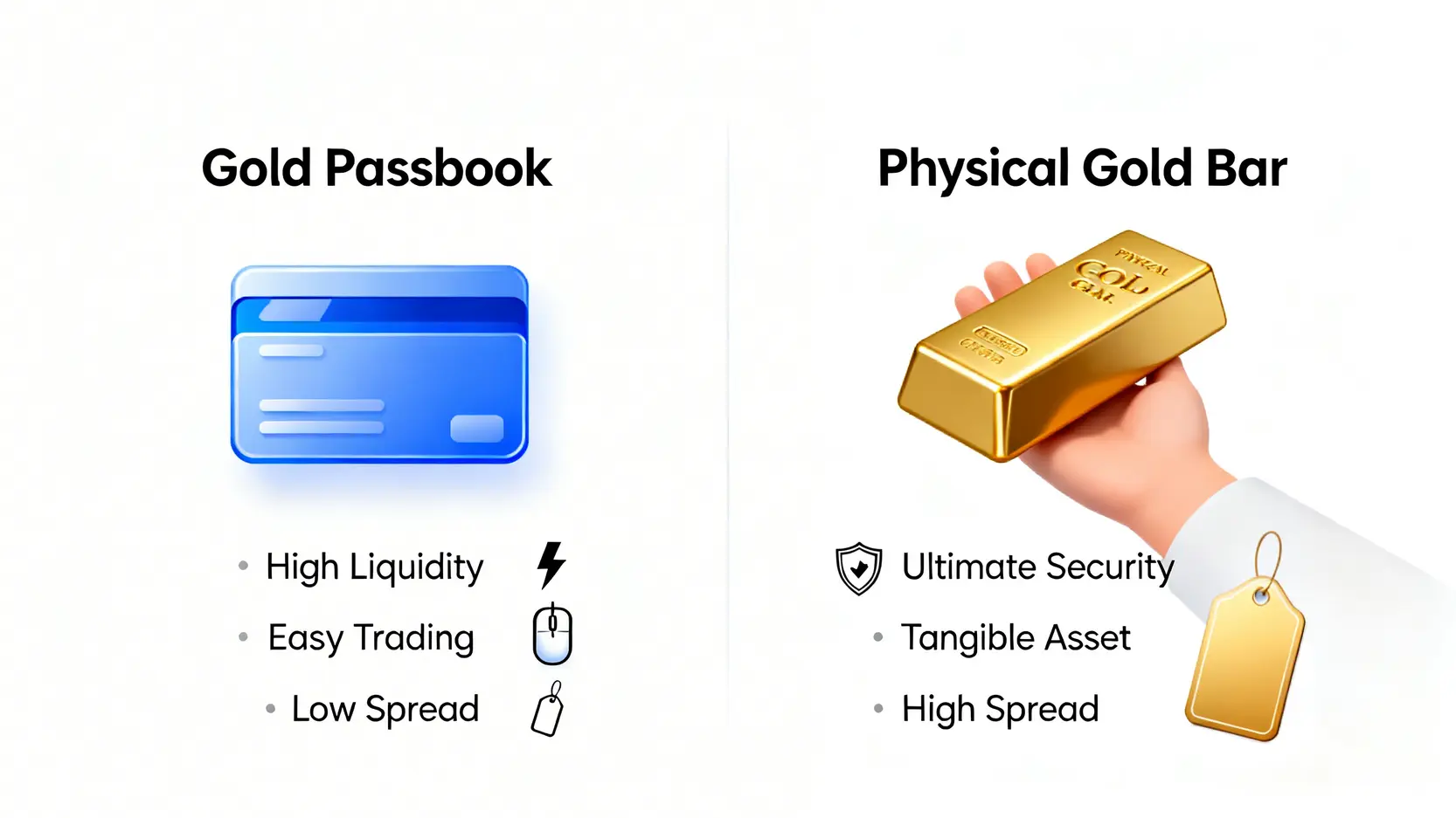 黃金存摺與實體金條的優缺點對比圖,突顯兩者在流動性、交易成本與持有方式上的核心差異。