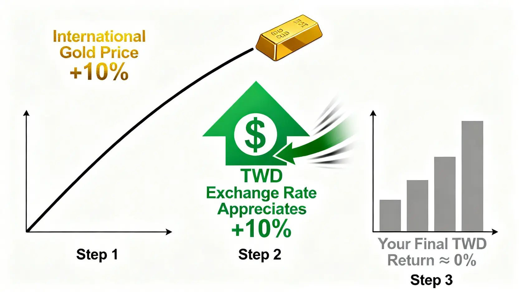 一張圖解釋匯率風險如何侵蝕黃金投資獲利,顯示當新台幣升值時,國際金價的上漲可能被完全抵銷。