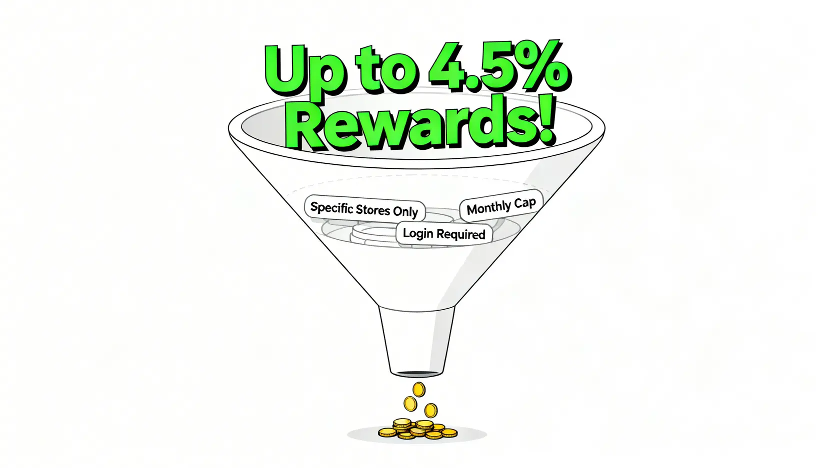 一個漏斗圖,說明信用卡廣告宣稱的高額回饋,在經過各種條件限制後,實際得到的獎勵大幅縮水。