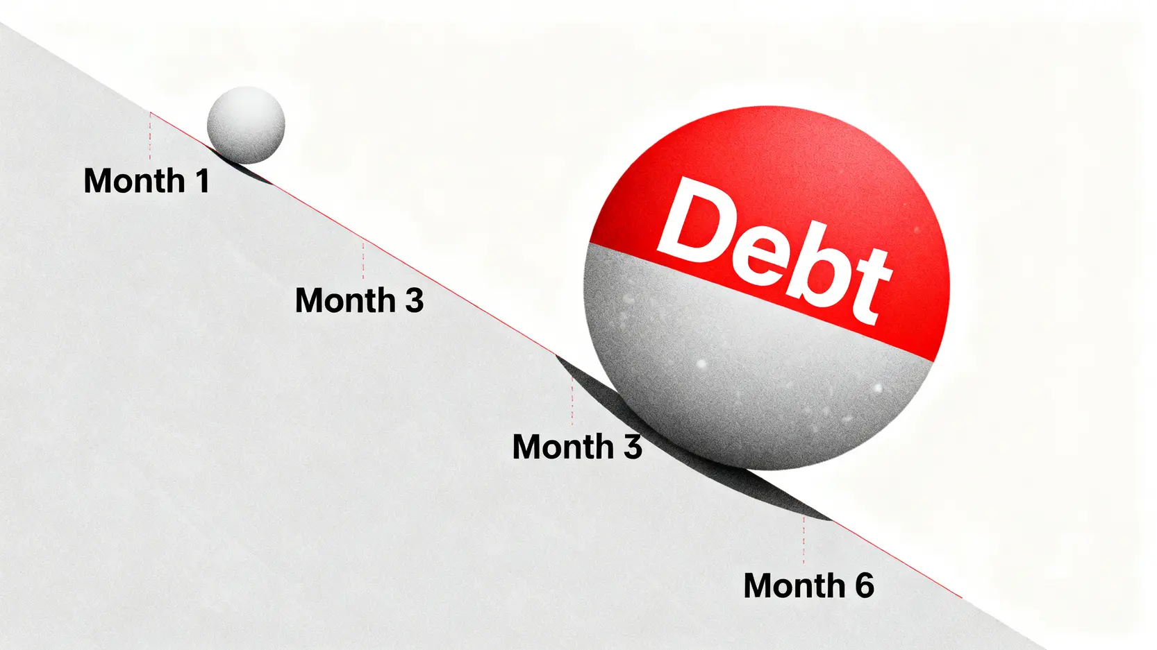 一個雪球從山坡上滾下,越滾越大,象徵信用卡循環利息導致債務如雪球般快速增長。
