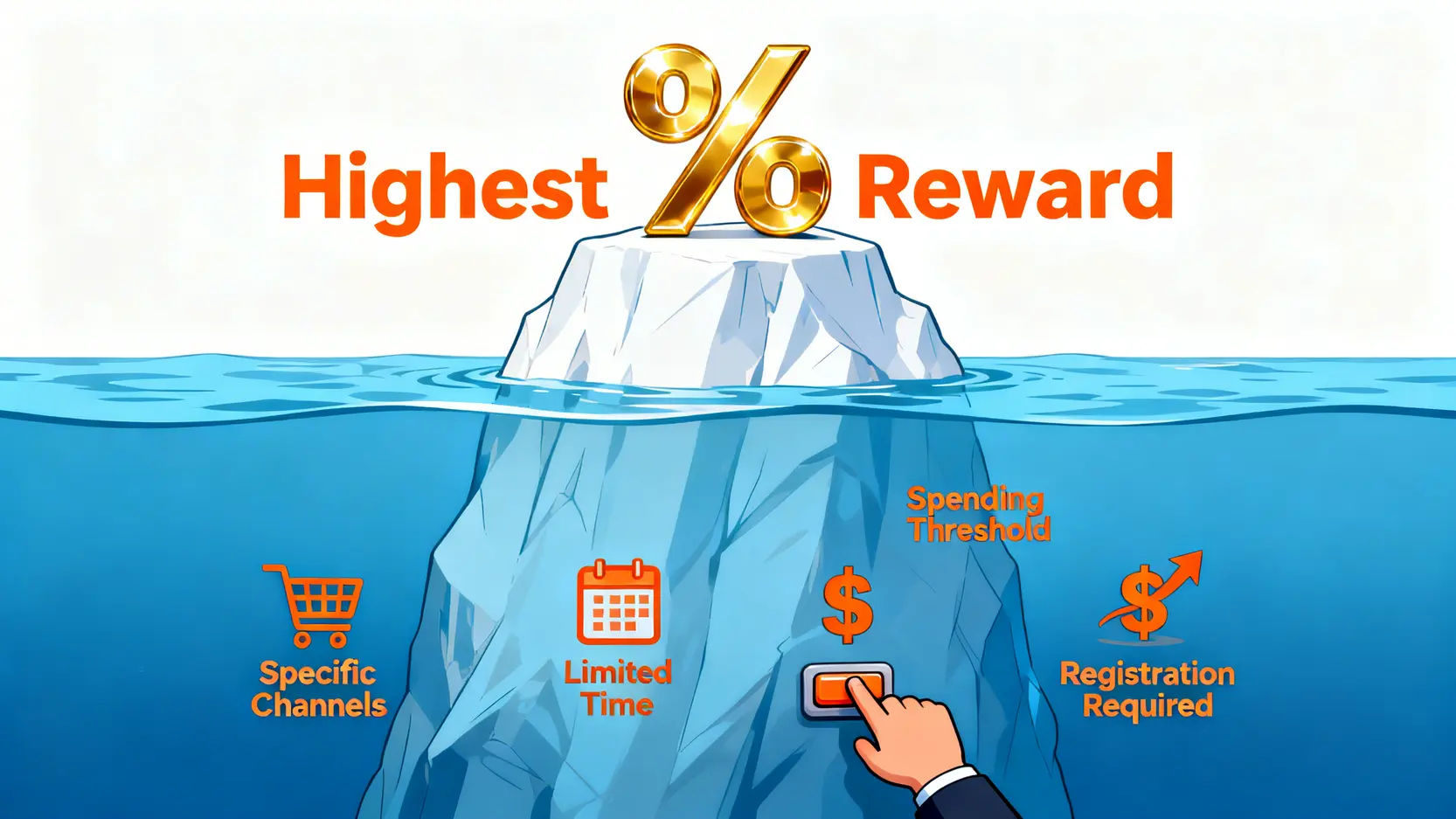 一座冰山,尖端寫著「最高回饋」,水面下則隱藏著「指定通路」、「限時登錄」和「消費門檻」等多重限制條件。