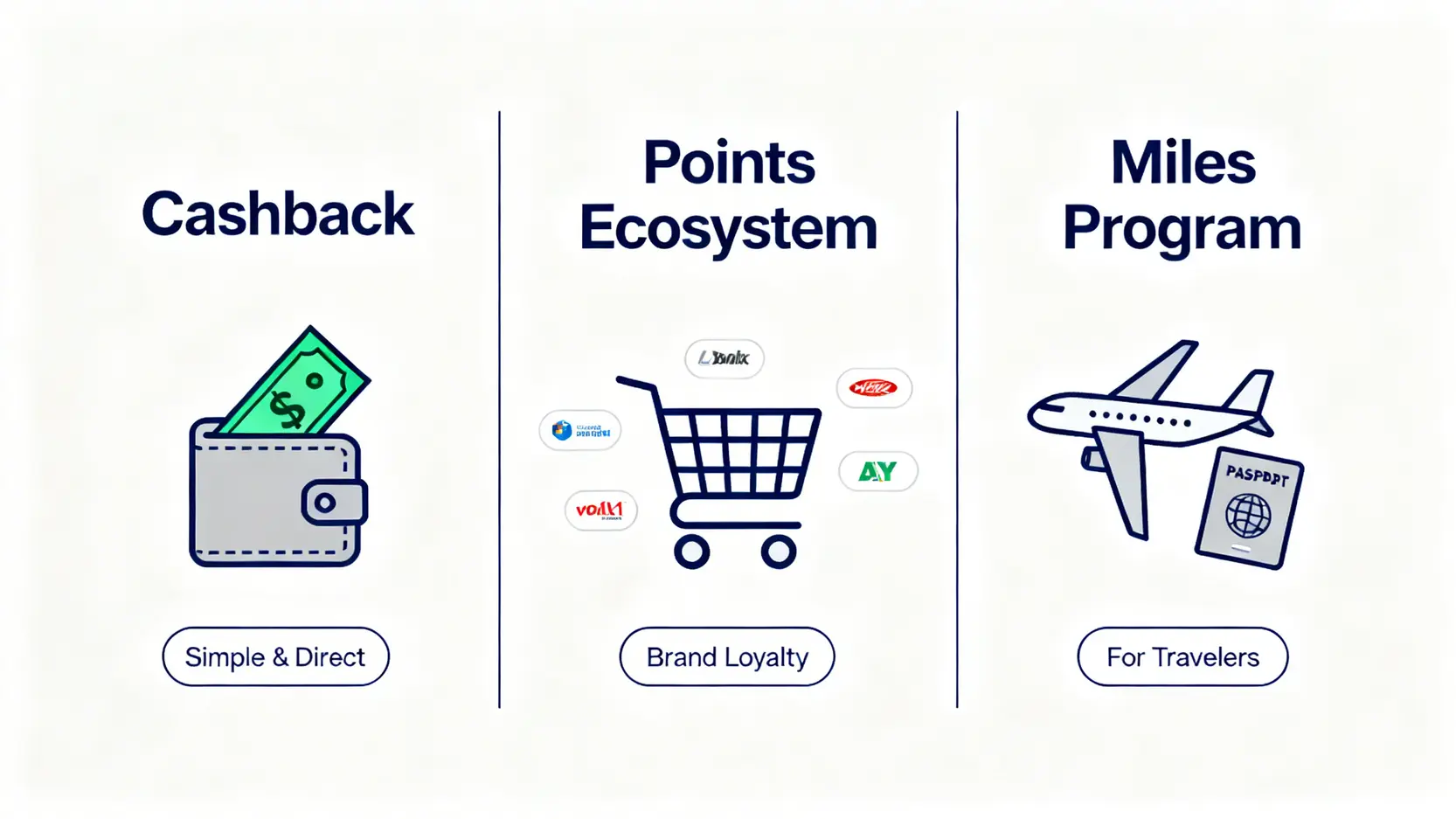 三種信用卡回饋類型對比圖:現金回饋(錢包圖示)、點數生態(購物車圖示)、哩程累積(飛機圖示)。