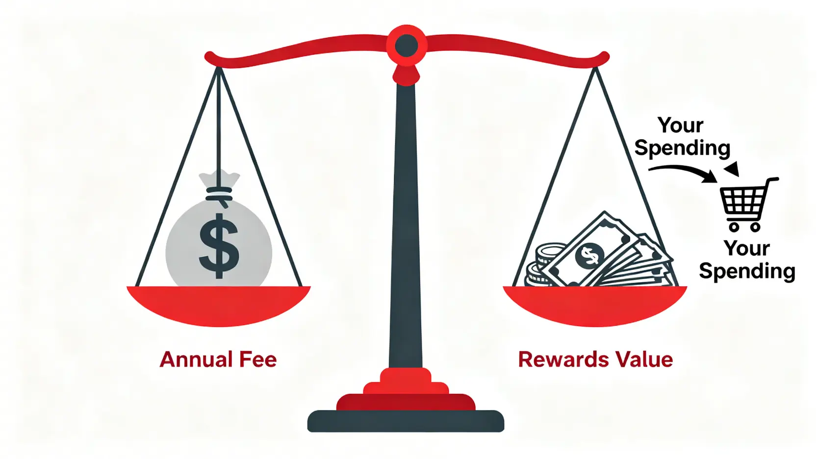 信用卡年費與回饋價值的損益兩平點示意圖,天平的一端是年費,另一端是消費回饋,兩者需要平衡。