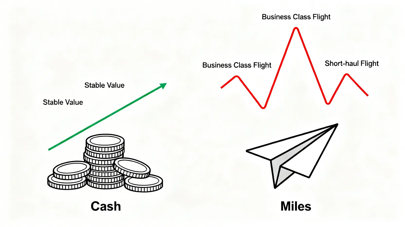 現金回饋與哩程回饋的價值比較圖,現金價值穩定,而哩程價值根據兌換項目而大幅波動。