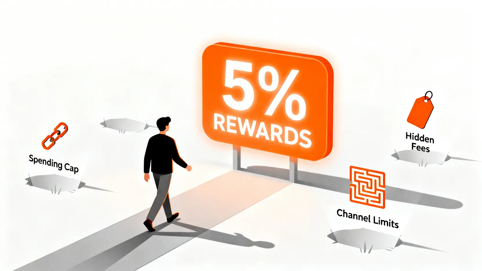 信用卡選擇陷阱示意圖,顯示消費者被高回饋率吸引,卻忽略了回饋上限、通路限制與隱藏費用等細節。