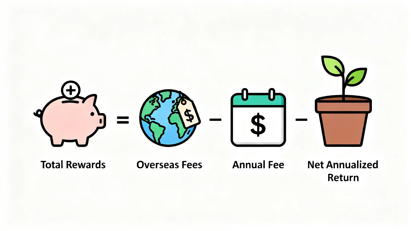 年化淨收益公式圖解,顯示總回饋減去海外手續費和年費後等於最終的淨收益。