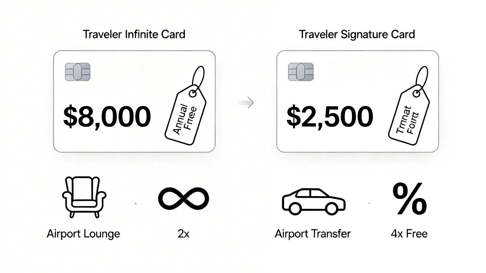 旅人無限卡與旅人御璽卡的核心權益對比圖,比較年費、機場貴賓室和機場接送服務的差異。