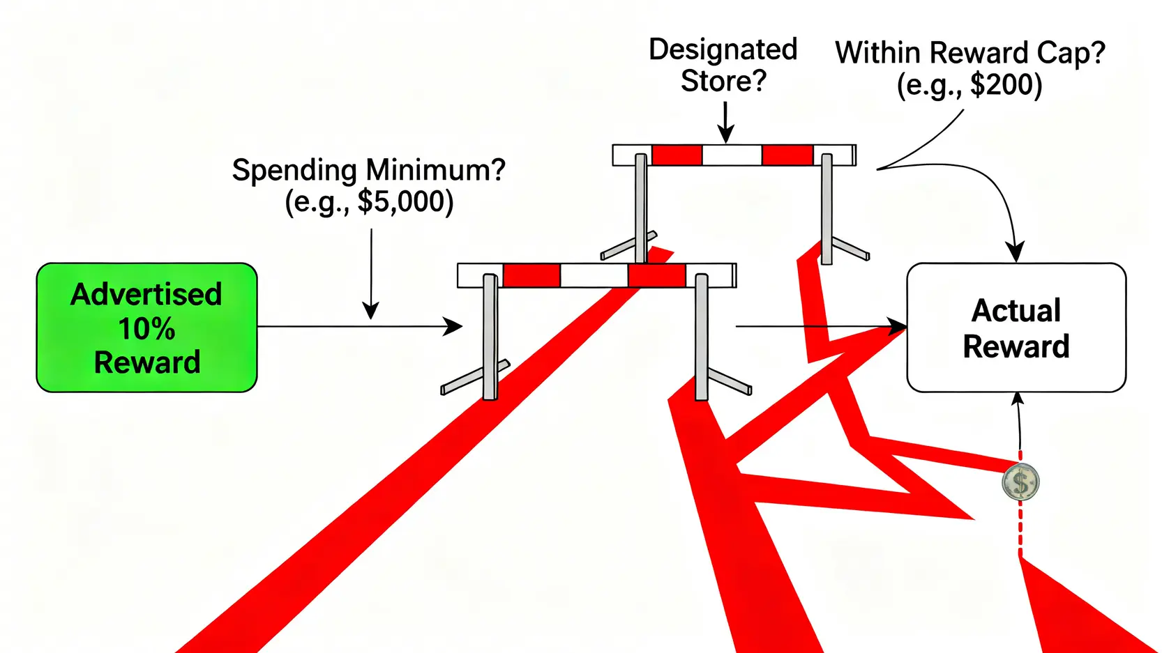 一張流程圖,展示消費者為了獲得信用卡高額回饋,必須通過消費門檻、通路限制、回饋上限等多重關卡,最終實際獲得的回饋遠少於廣告宣稱。