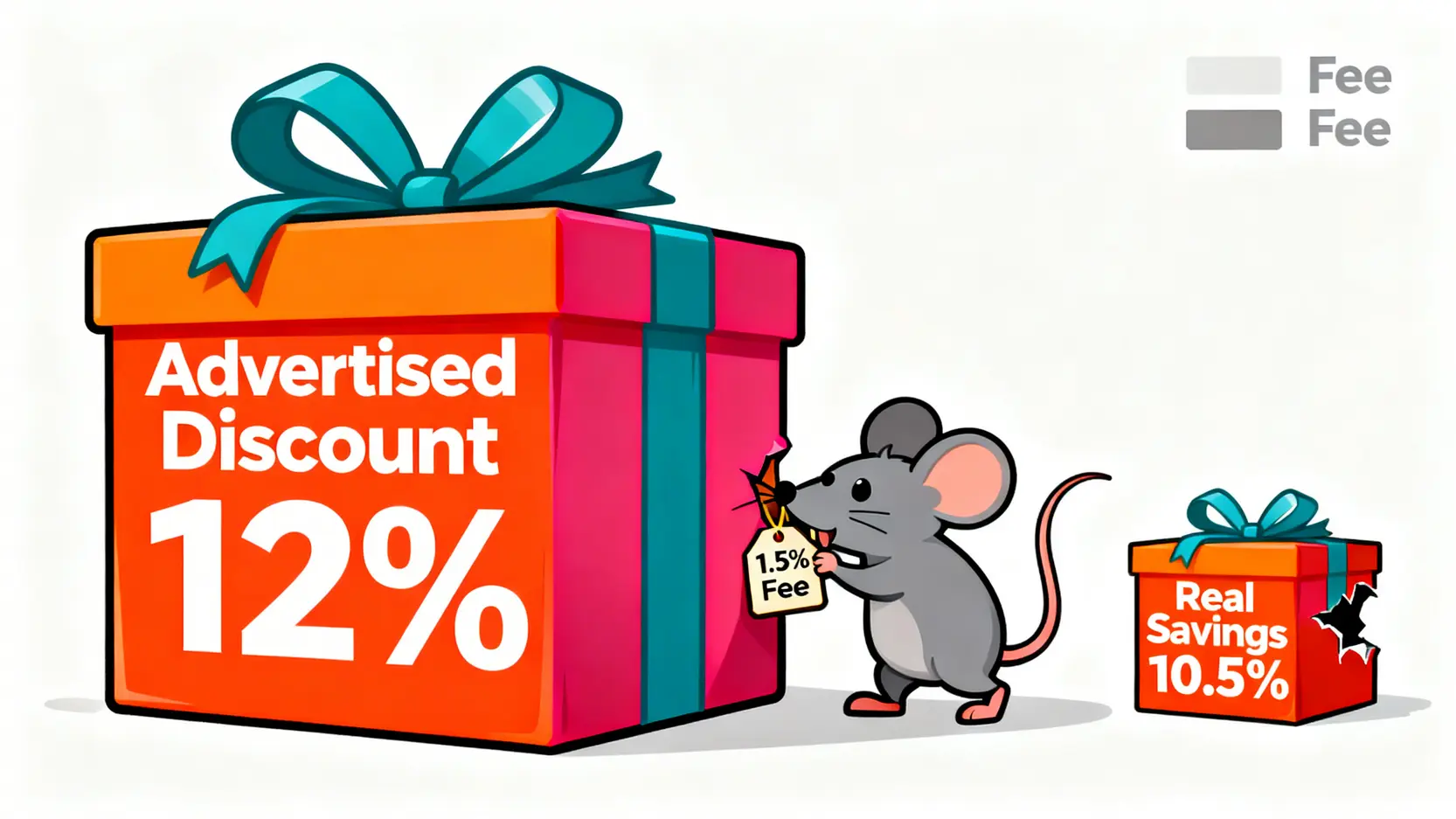 概念圖解:顯示12%的標示折扣被1.5%的海外手續費吃掉一部分後,剩下10.5%的實質回饋。