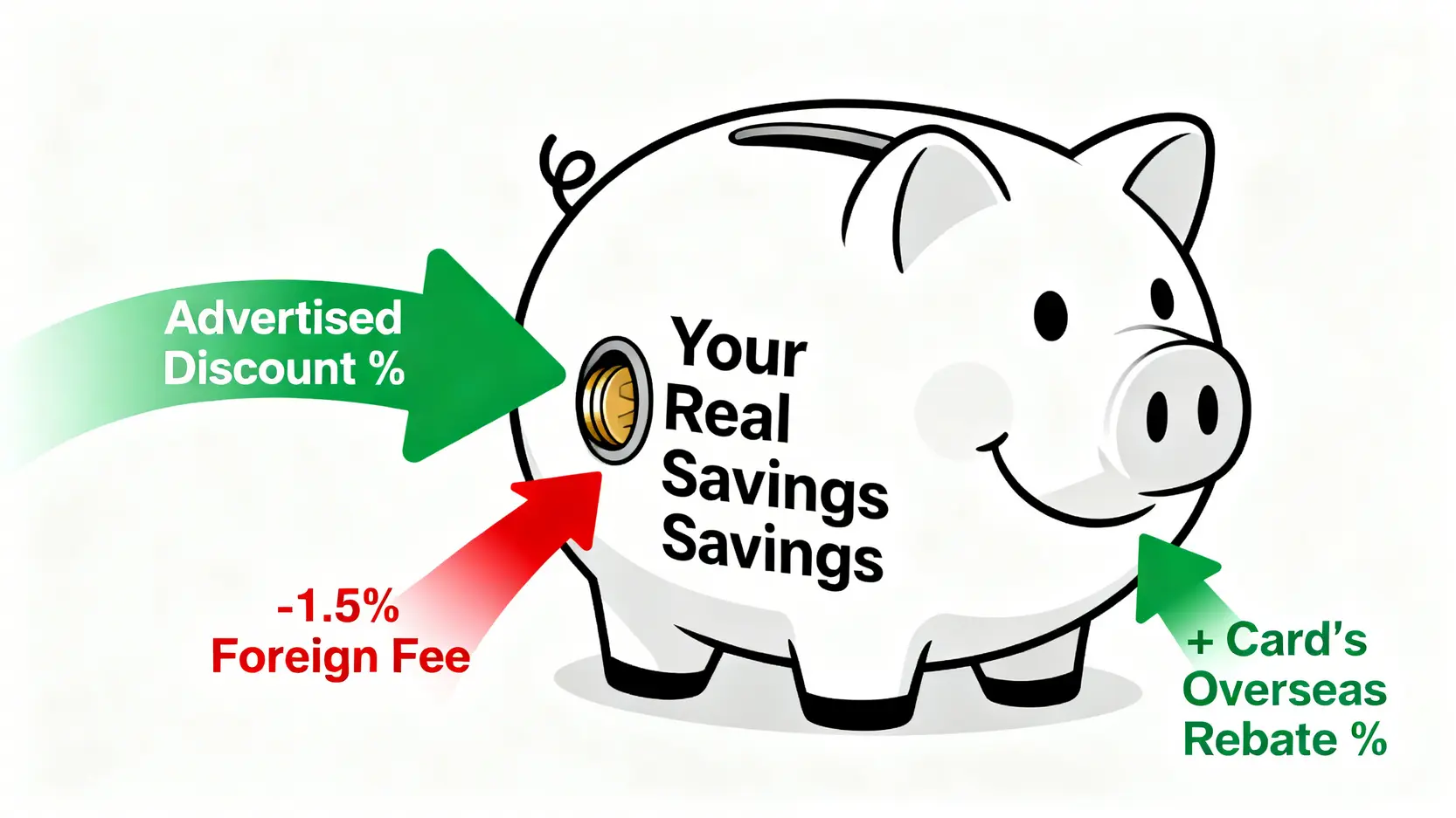 淨回饋率計算公式示意圖,顯示帳面折扣減去海外手續費再加上卡片回饋。