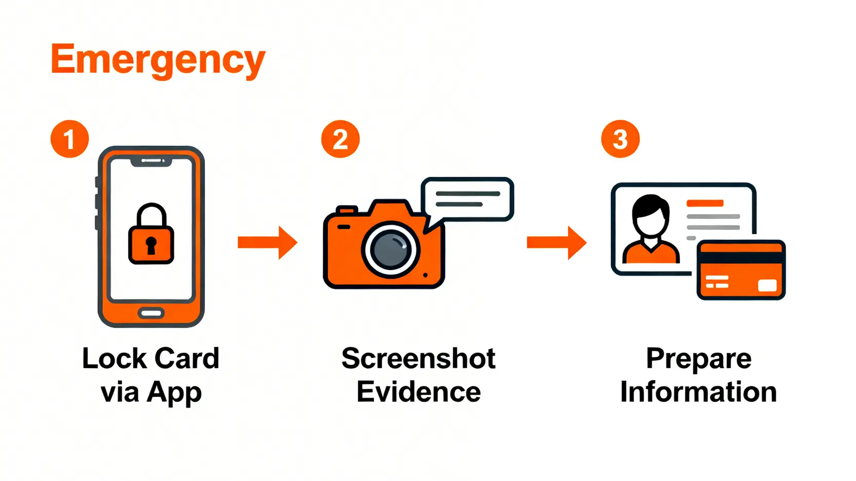 信用卡緊急狀況處理三步驟SOP:App鎖卡、截圖存證、準備資料。