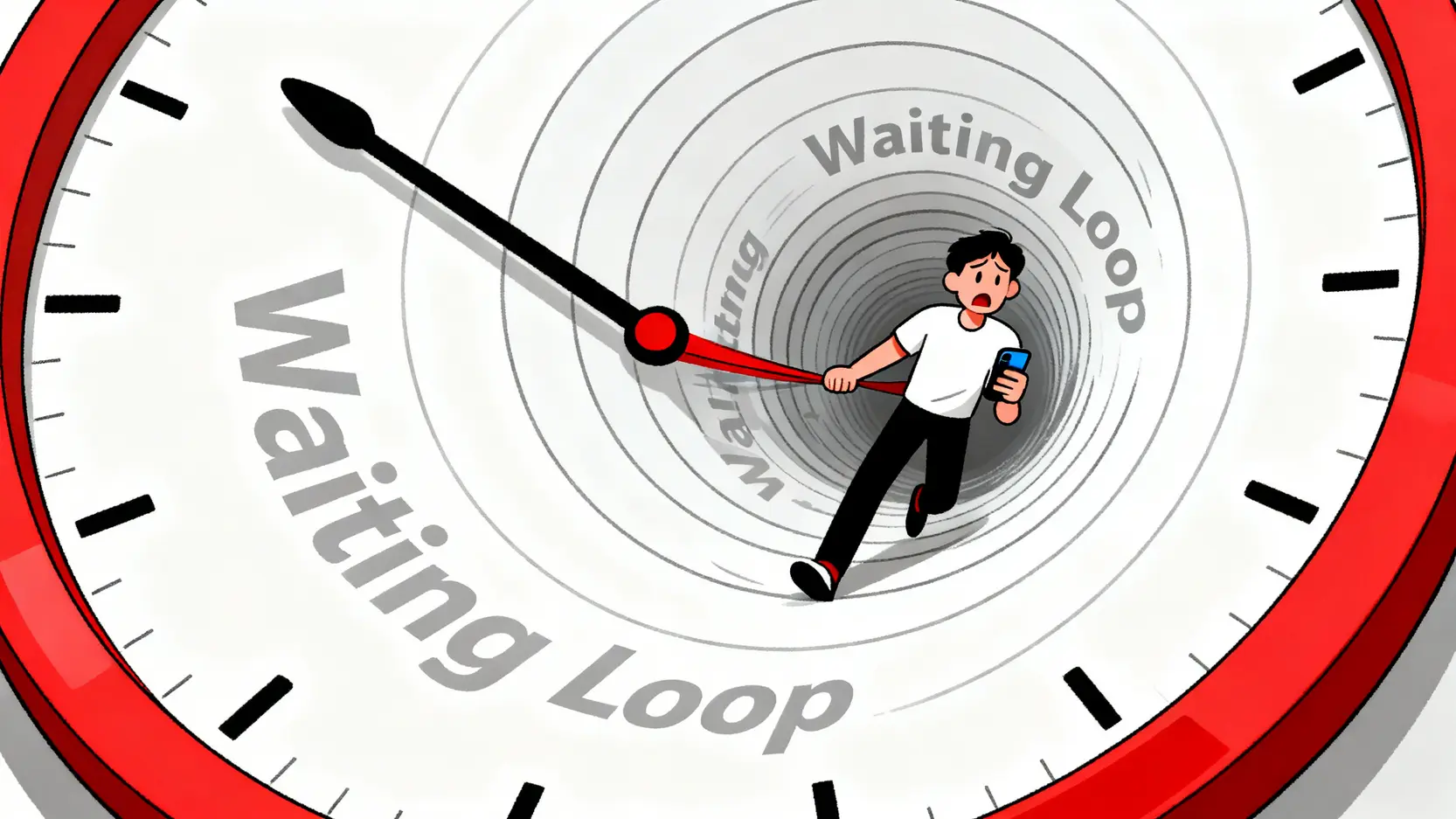 一位信用卡用戶因等待電話客服而陷入時間漩渦的示意圖。