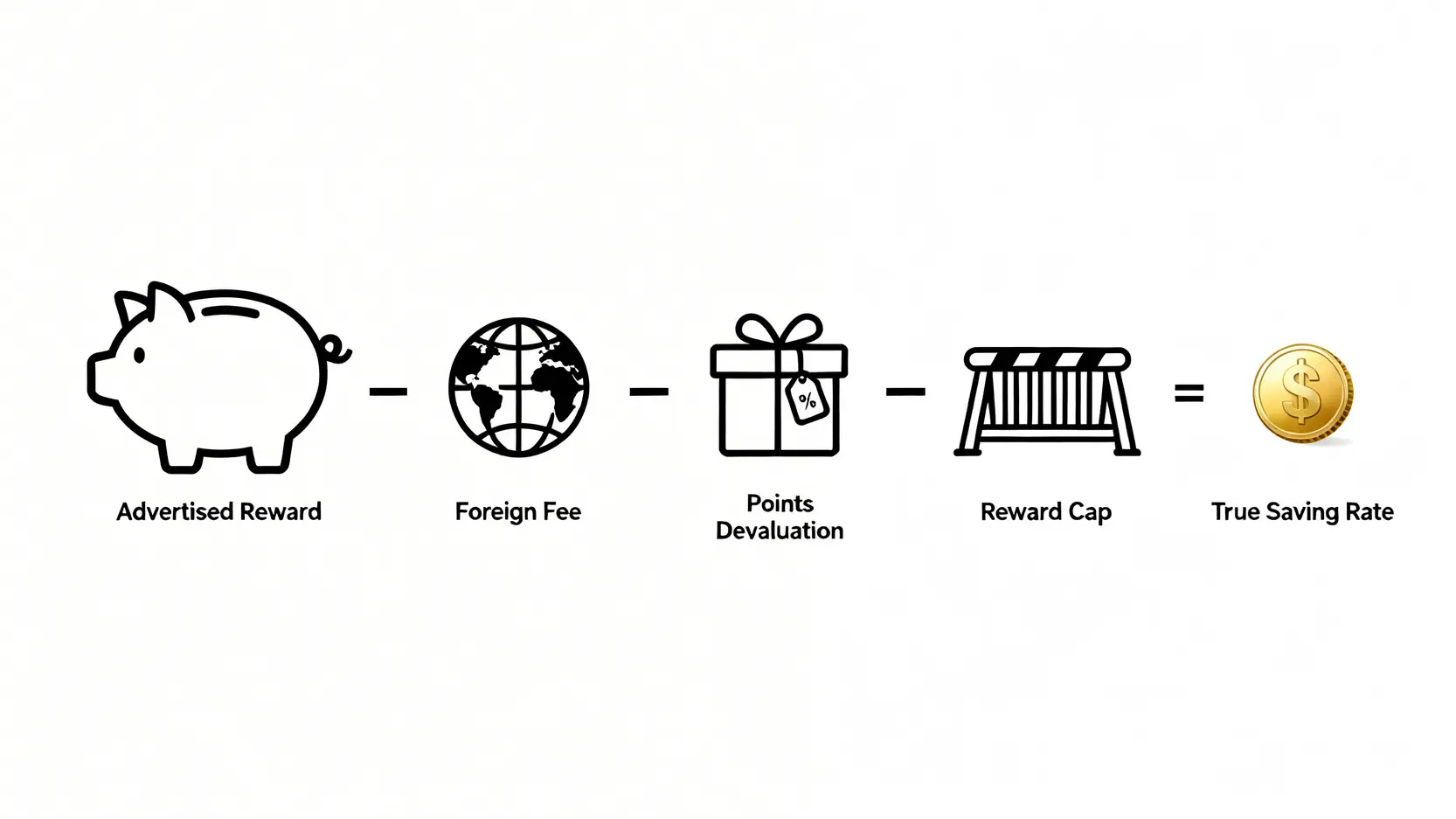 真實Klook節省率TKSR公式的概念圖,顯示帳面回饋減去海外手續費、點數折損與回饋上限後,等於真實節省率。