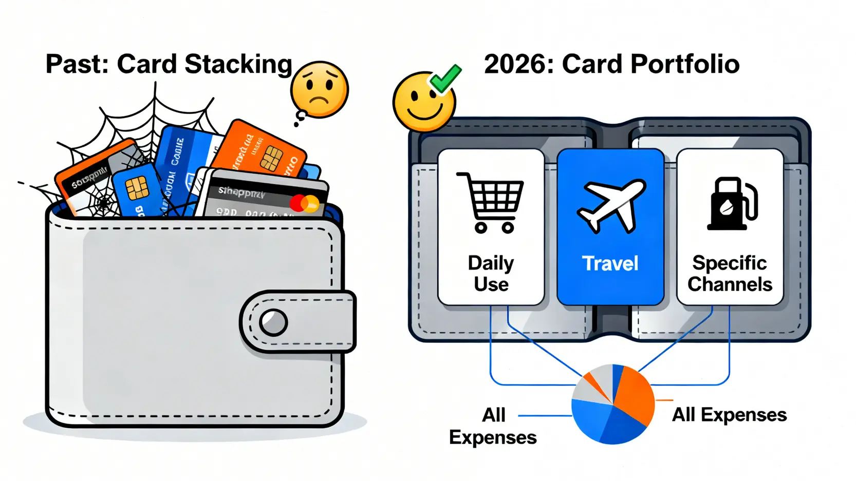 一張對比圖,展示了從過去混亂的多卡策略到未來精簡的三卡組合策略的轉變。