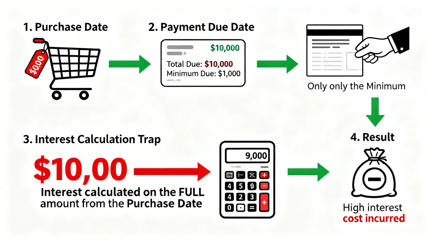 一張流程圖,解釋了信用卡循環利息的陷阱,顯示利息是如何從消費日起對全部帳單金額計算的。