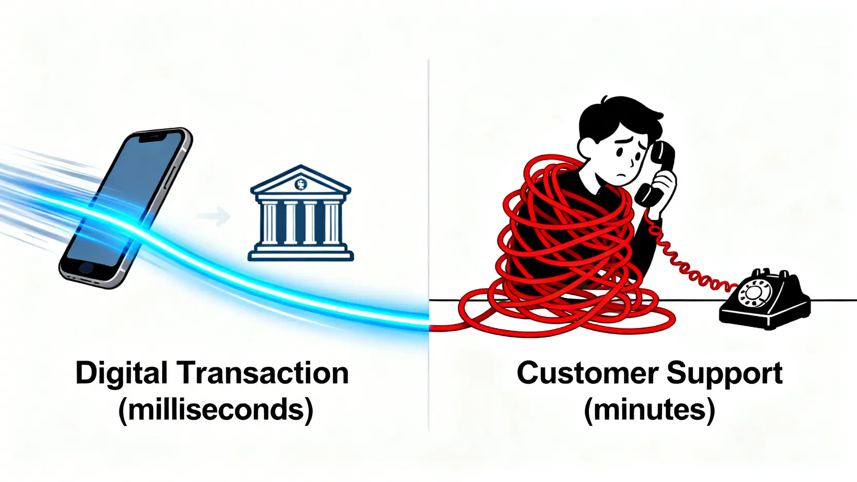 金融摩擦力概念圖,對比快速的數位交易與緩慢的客服等待。