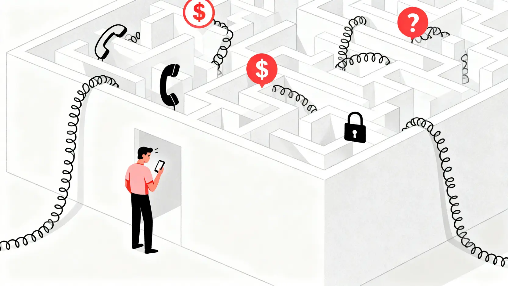 一位用戶拿著電話,困惑地站在一個由電話線組成的複雜迷宮前,象徵著在IVR語音系統中迷航。