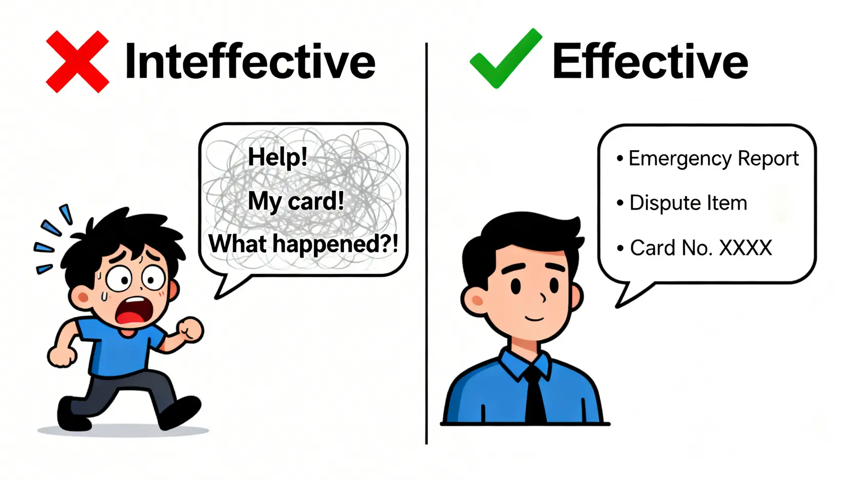 錯誤與正確的客服溝通方式對比圖。左邊是慌亂無序的表達,右邊是冷靜且使用專業術語的清晰表達。