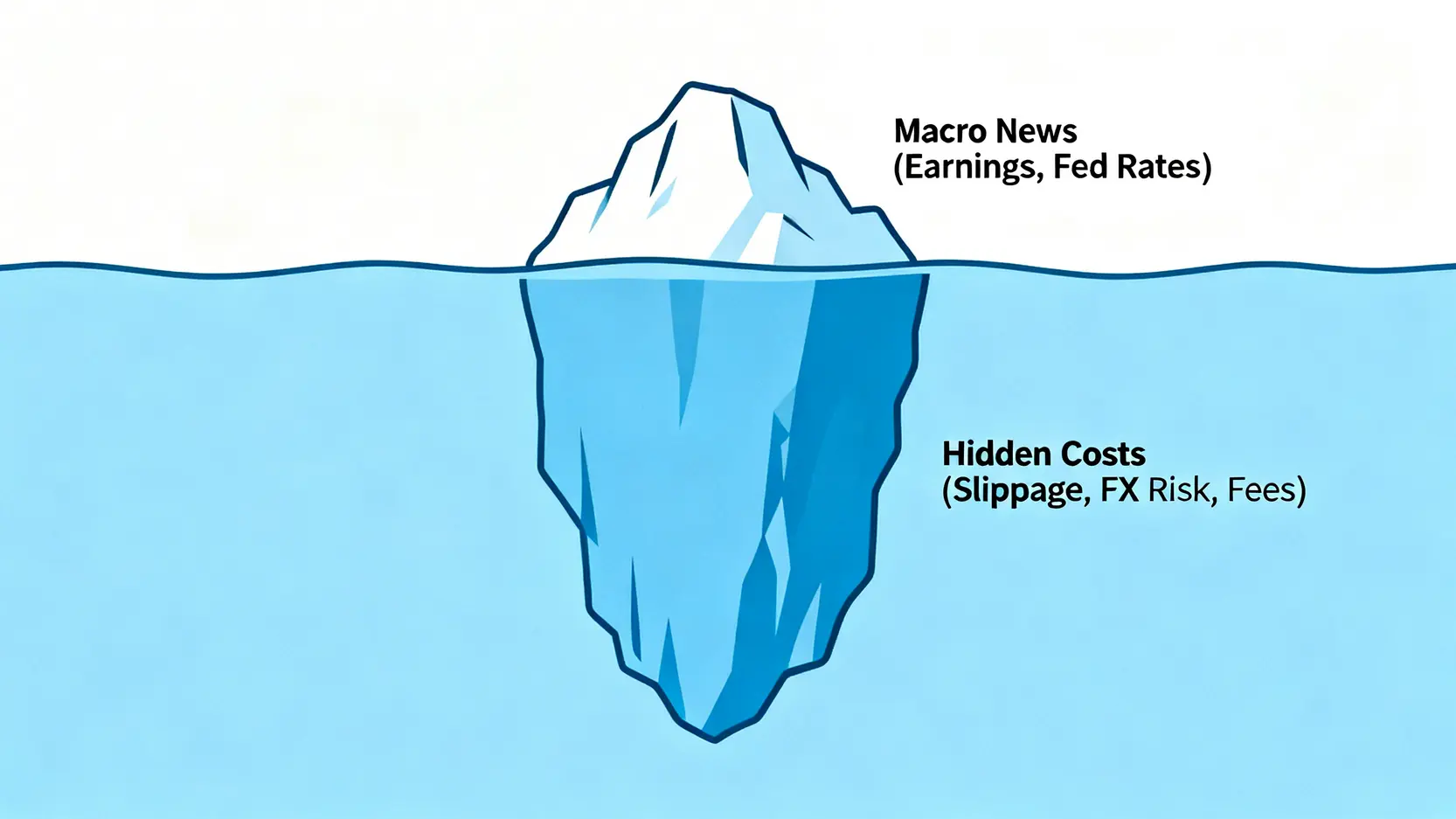 冰山圖解說明投資中的隱藏成本,可見的冰山一角是宏觀新聞,而水下巨大的部分是滑點、匯率和費用等隱藏成本。