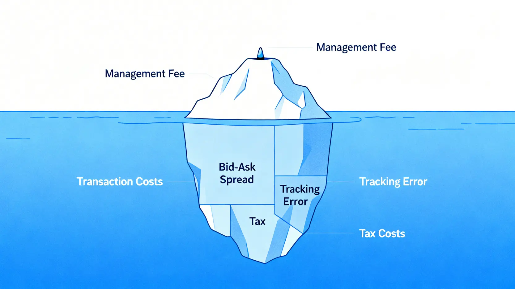 一張說明ETF總持有成本的冰山圖,可見的管理費只是冰山一角,而水面下隱藏著交易成本、買賣價差、追蹤誤差與稅務等更龐大的成本。