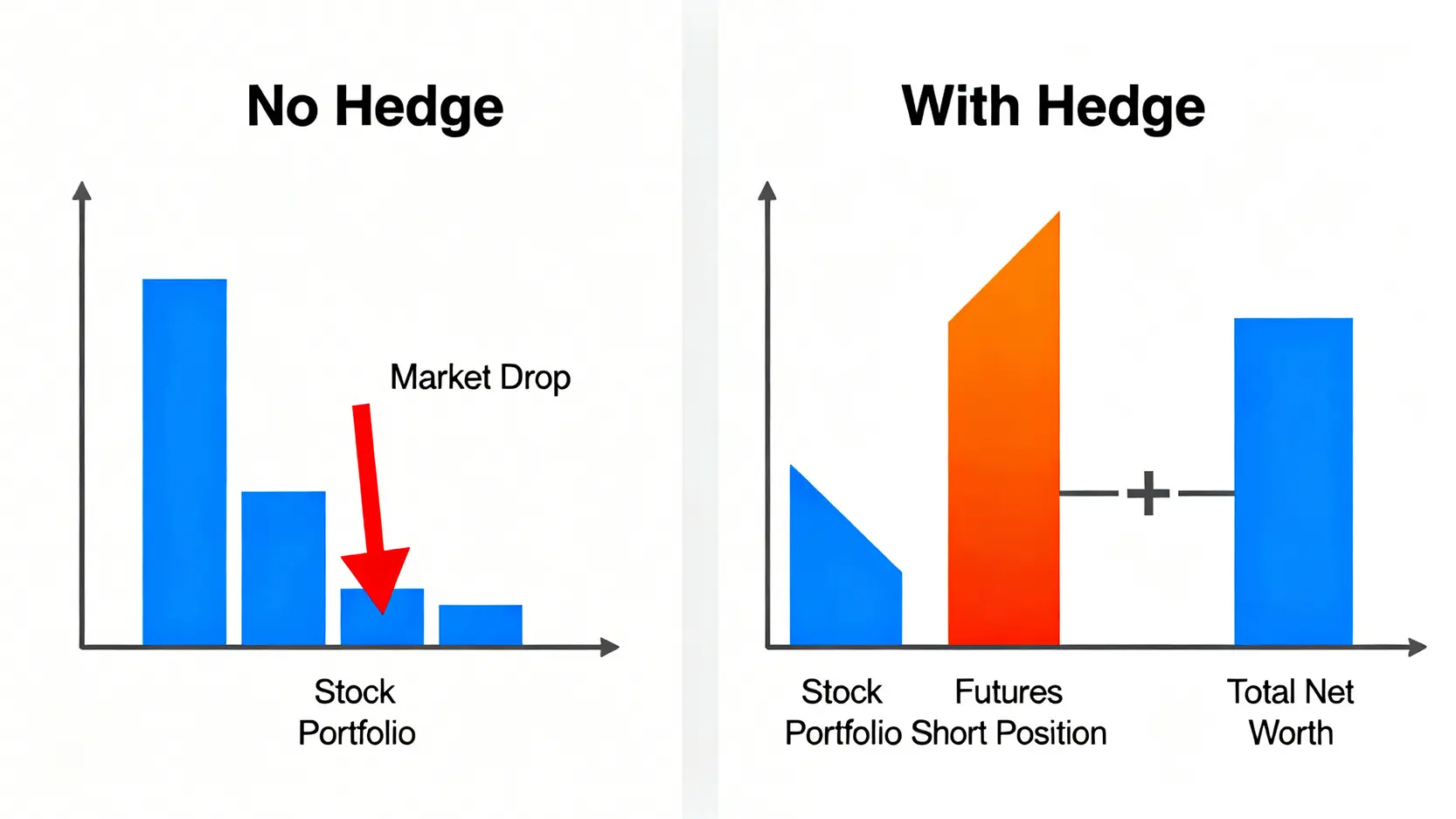 期貨避險策略示意圖,顯示在市場下跌時,股票虧損如何被期貨空單獲利所抵銷。