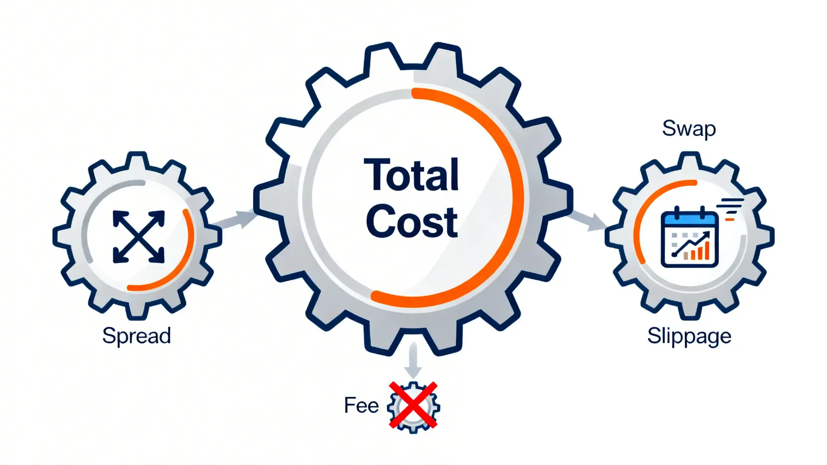 外匯交易的三大隱性成本示意圖:買賣價差、隔夜利息與滑價共同構成總成本。