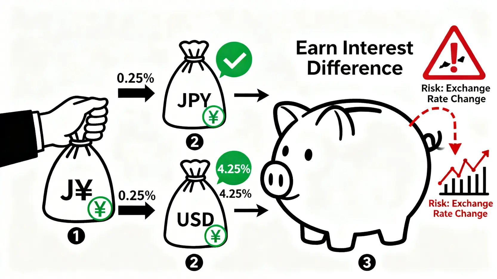 利差交易策略的三步驟流程圖:借入低利率貨幣,買入高利率貨幣,賺取利息差,並注意匯率風險。