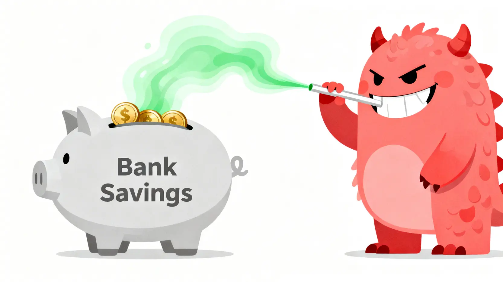 通膨蠶食銀行存款概念圖,顯示一個通膨怪獸正在吸走存錢筒裡的金錢價值。