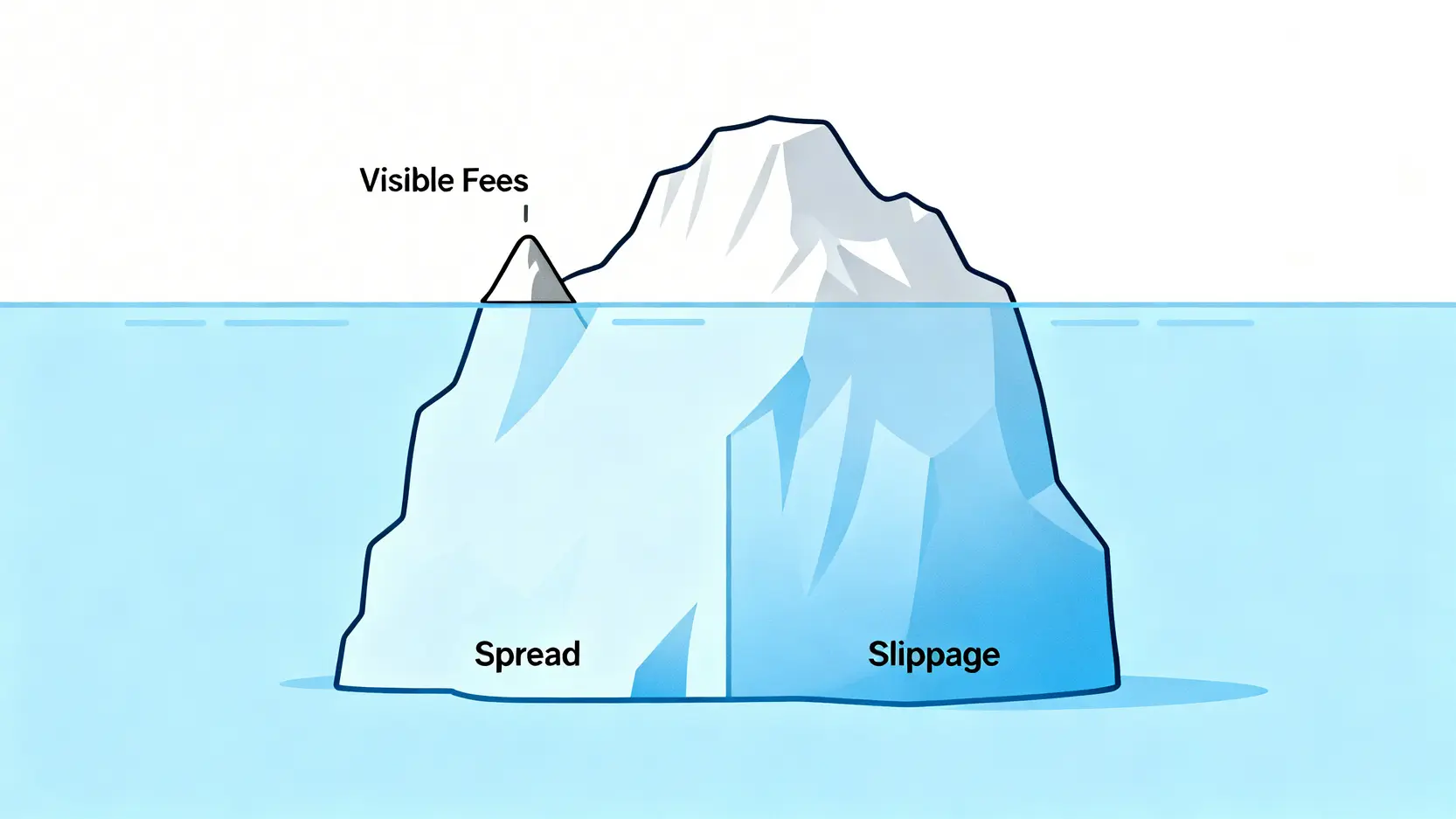 一張冰山圖,說明外匯交易中可見的手續費只是冰山一角,而更大的隱藏成本,如點差和滑點,則藏在水面之下。