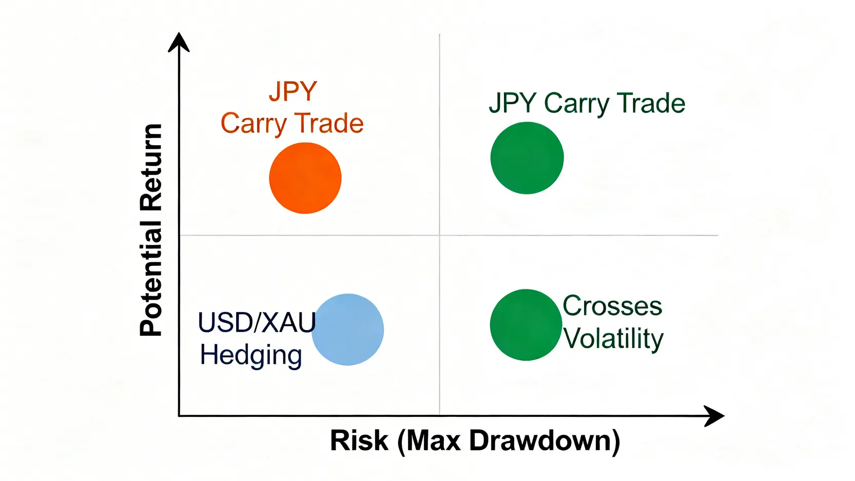 一張風險報酬矩陣圖,比較三種外匯投資策略:日圓套利交易、美元黃金對沖、以及非主要貨幣對波動性套利在風險與潛在報酬上的相對位置。