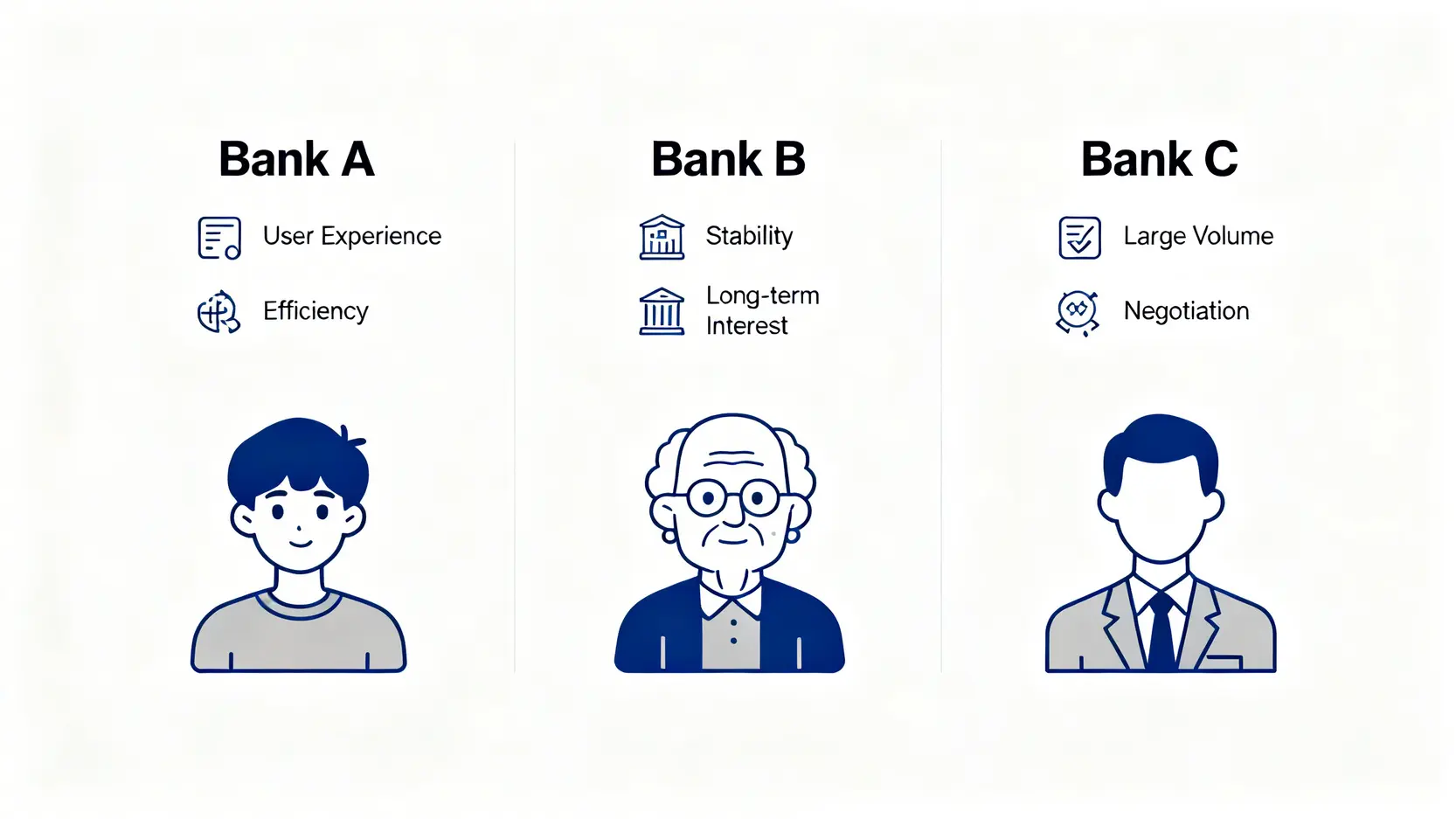 一張對比圖,展示三家銀行在外匯交易上的特點,分別適合追求操作體驗、長期穩定套利、以及大額議價的不同類型投資者。