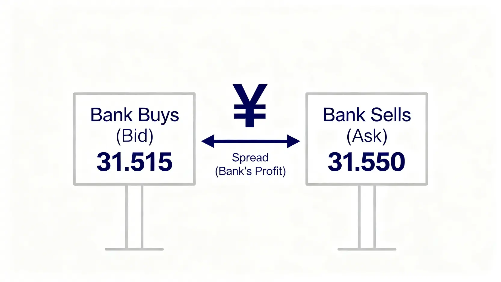 銀行外匯買賣價差示意圖,顯示買入價與賣出價之間的差距即為銀行的利潤。
