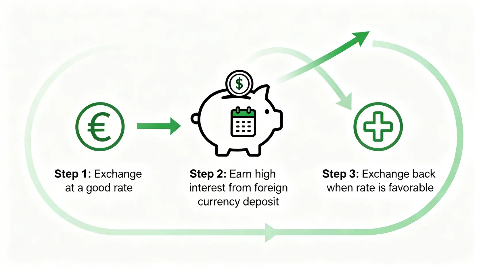 定存轉匯策略流程圖,展示從台幣換匯、賺取外幣定存利息,到等待匯率回升後換回台幣的三個步驟。