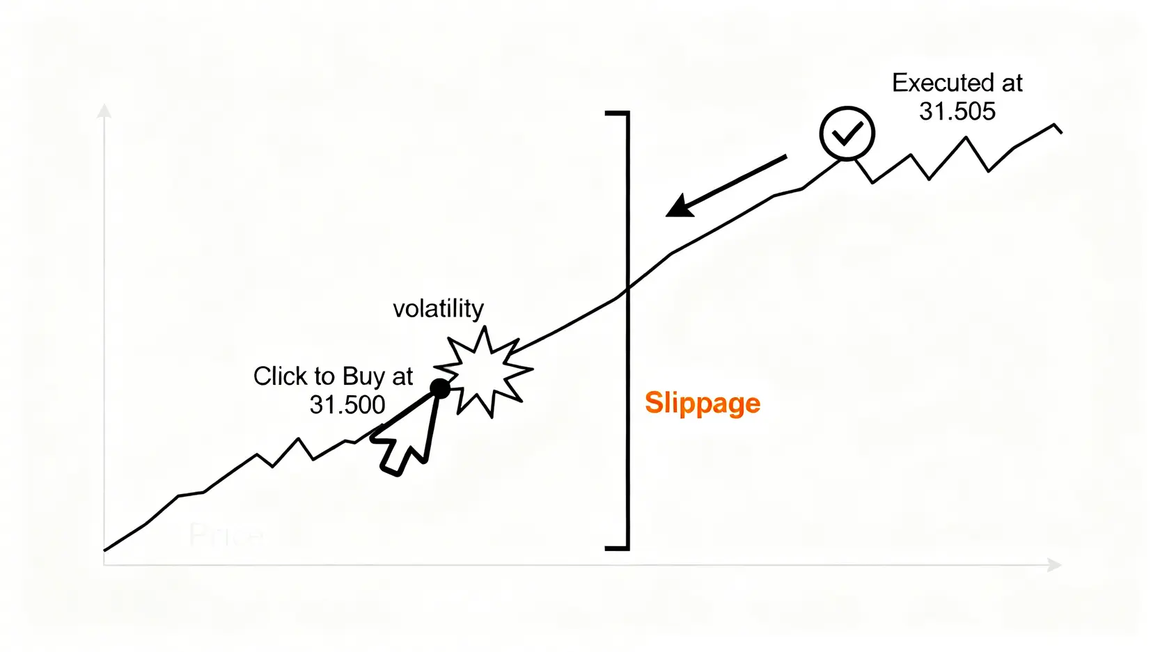 交易滑價示意圖,顯示在市場波動時,點擊下單的價格與最終成交價格之間可能出現的微小差異。