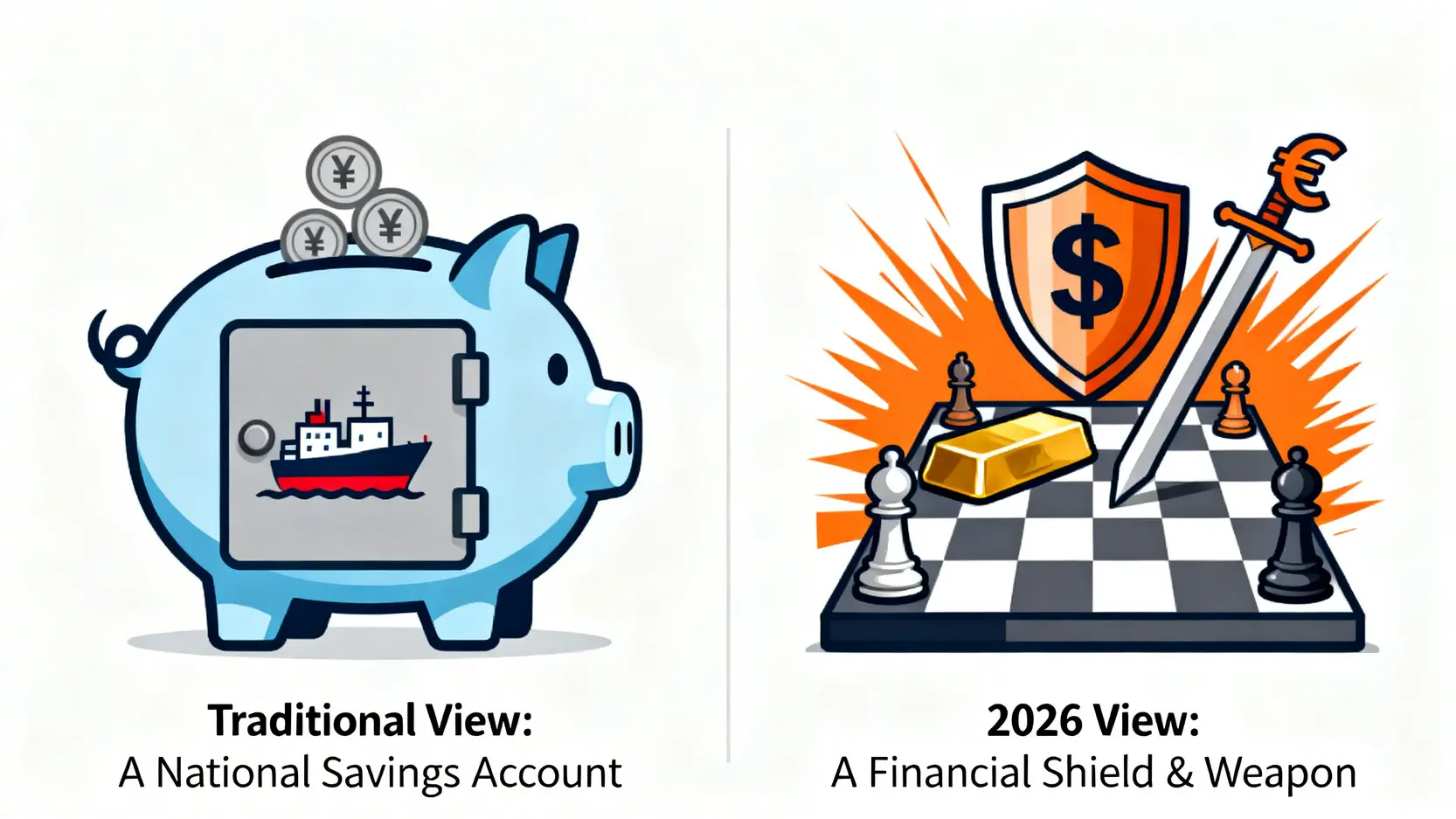 一張對比圖,左邊是傳統觀點,將外匯儲備比喻為用於支付進口和穩定匯率的國家儲蓄罐;右邊是2026年的新觀點,將其比喻為包含黃金、貨幣盾牌與武器的金融戰略棋盤。